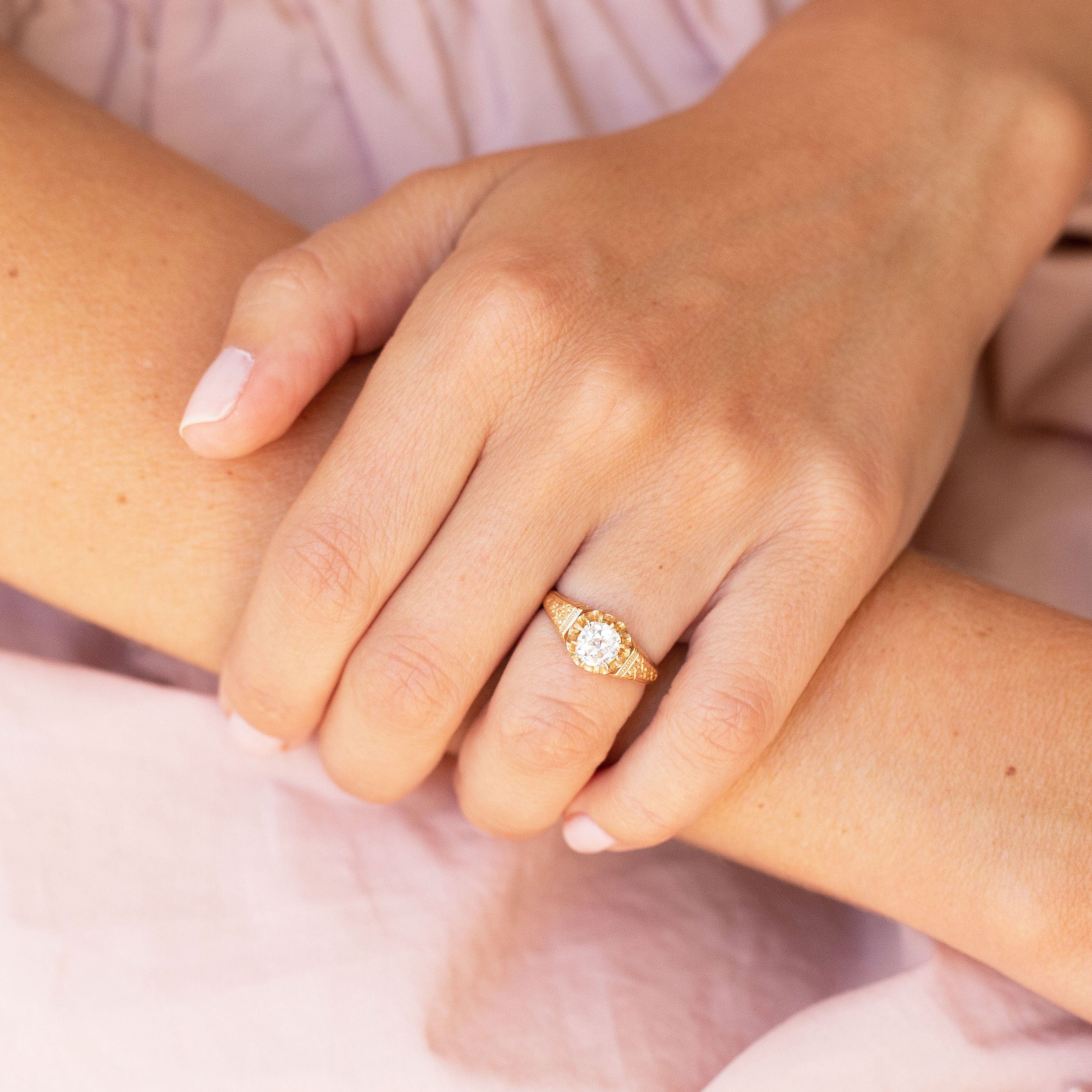 0.85 carat diamond ring on finger Clearance