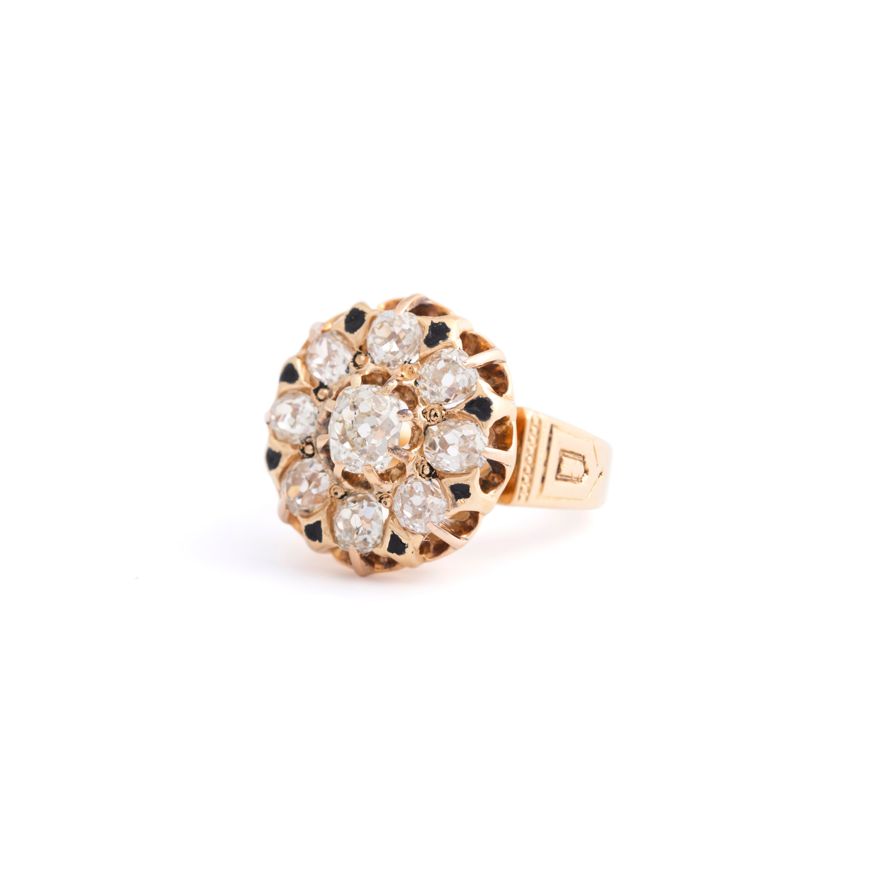 Victorian Old Mine Cut Diamond Cluster Ring with Enamel and 18k Yellow Gold