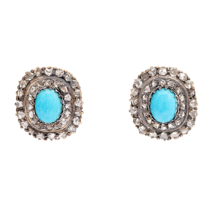 Victorian Turquoise and Diamond Cluster Silver and 14k Gold Earrings