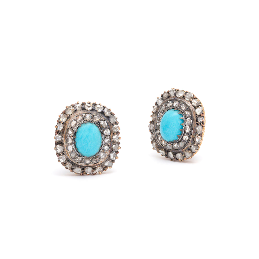 Victorian Turquoise and Diamond Cluster Silver and 14k Gold Earrings