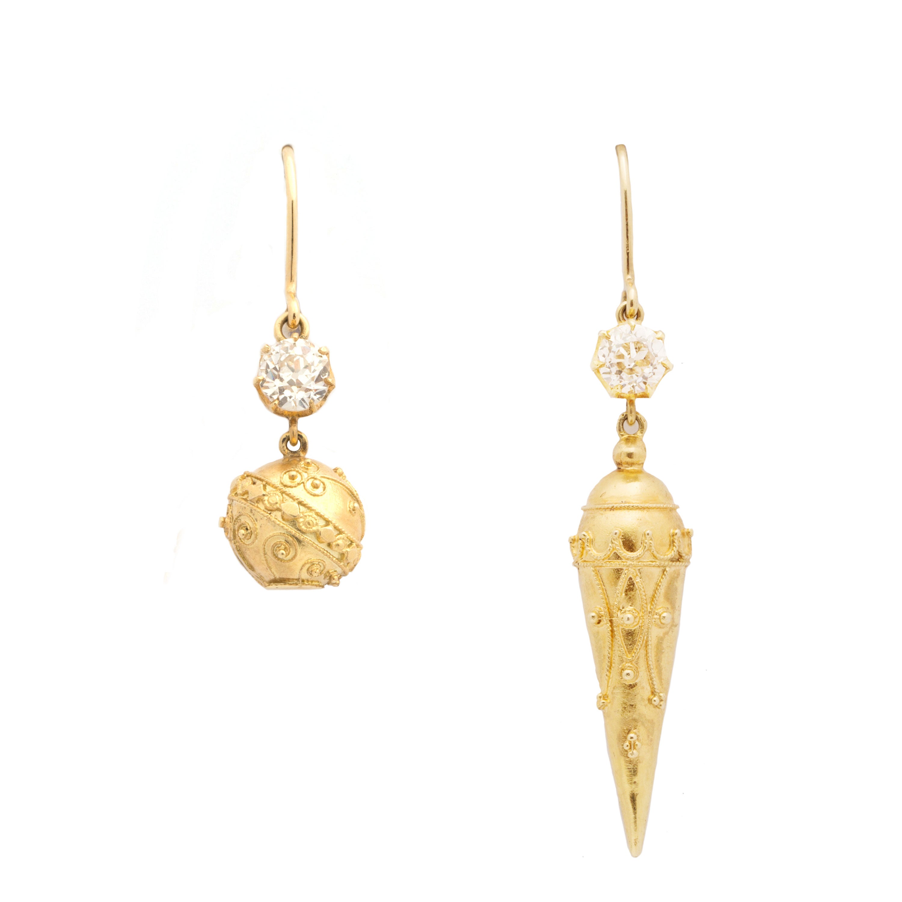 Asymmetrical Etruscan Revival Diamond Earrings