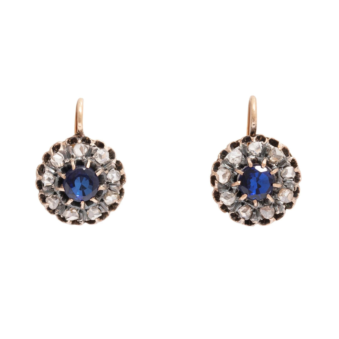 Victorian Sapphire and Rose Cut Diamond 18K Gold Cluster Earrings