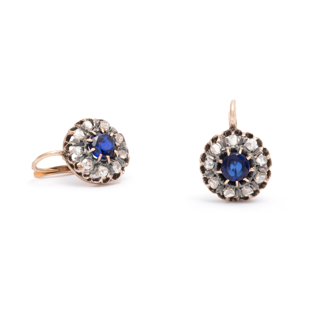 Victorian Sapphire and Rose Cut Diamond 18K Gold Cluster Earrings