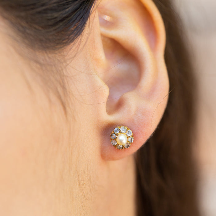 Pearl And Rose Cut Diamond Cluster 14k Gold Earrings