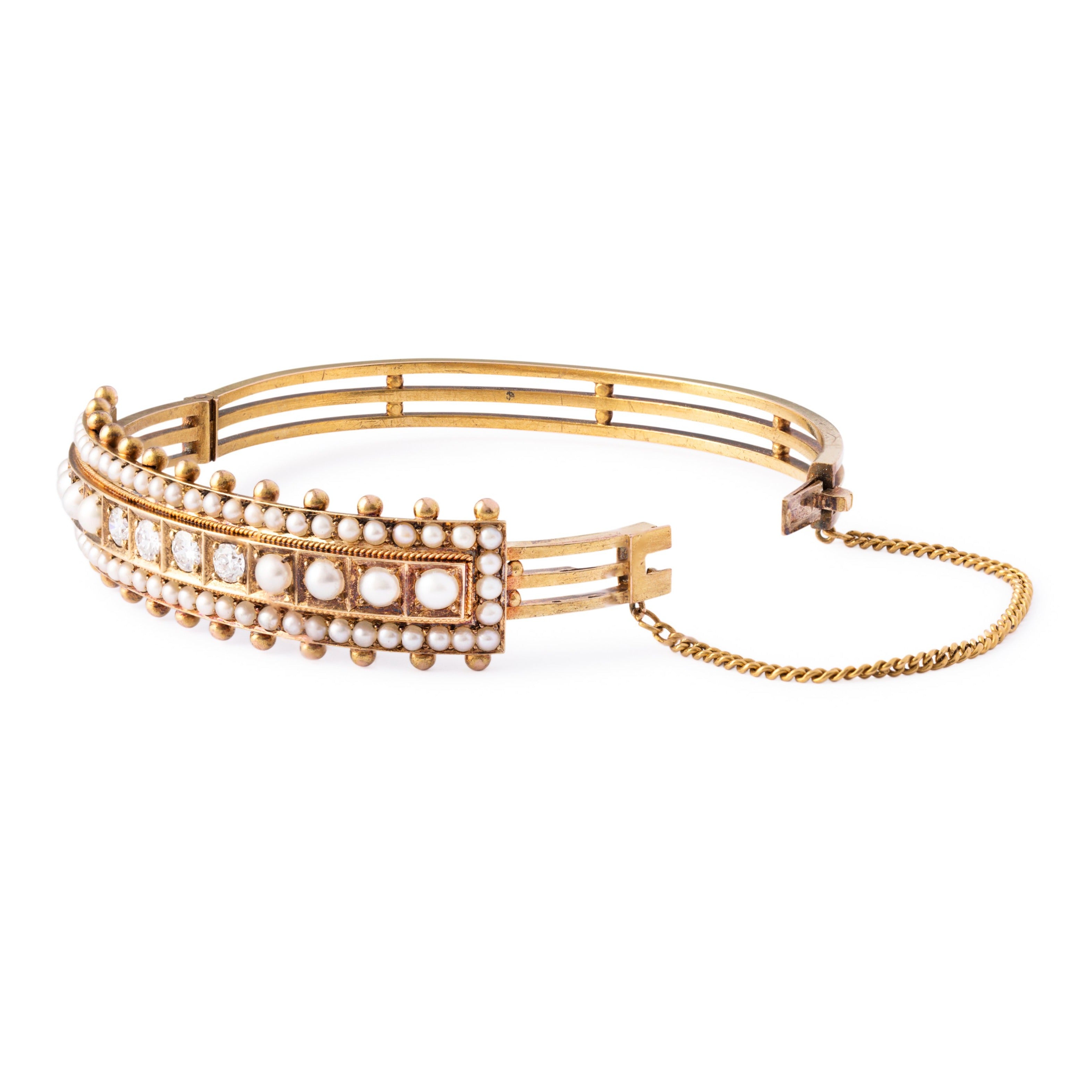 Victorian Diamond and Pearl 14k Gold Bangle Bracelet