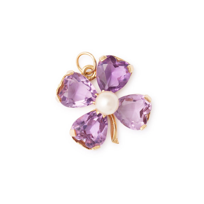 Four-Leaf Clover Amethyst and Pearl 14K Gold Charm