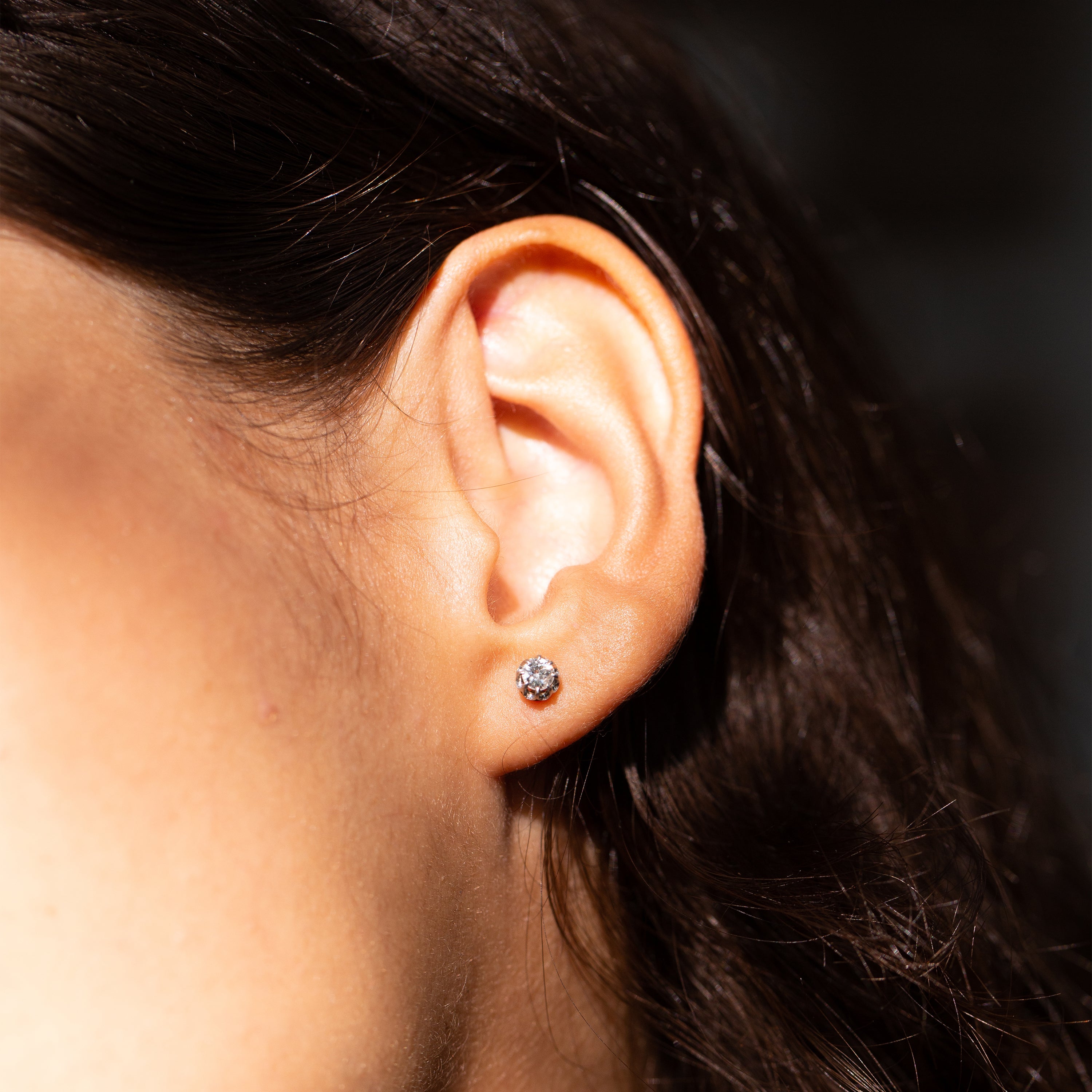 Old Mine Cut Diamond, Platinum, and 14k Gold Stud Earrings
