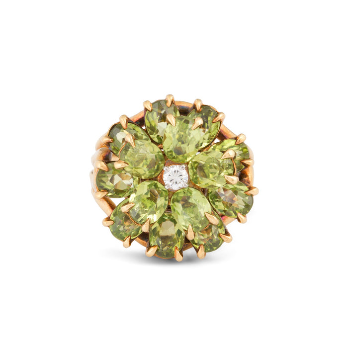 Peridot Floral Cluster, Diamond, and 18k Gold Ring