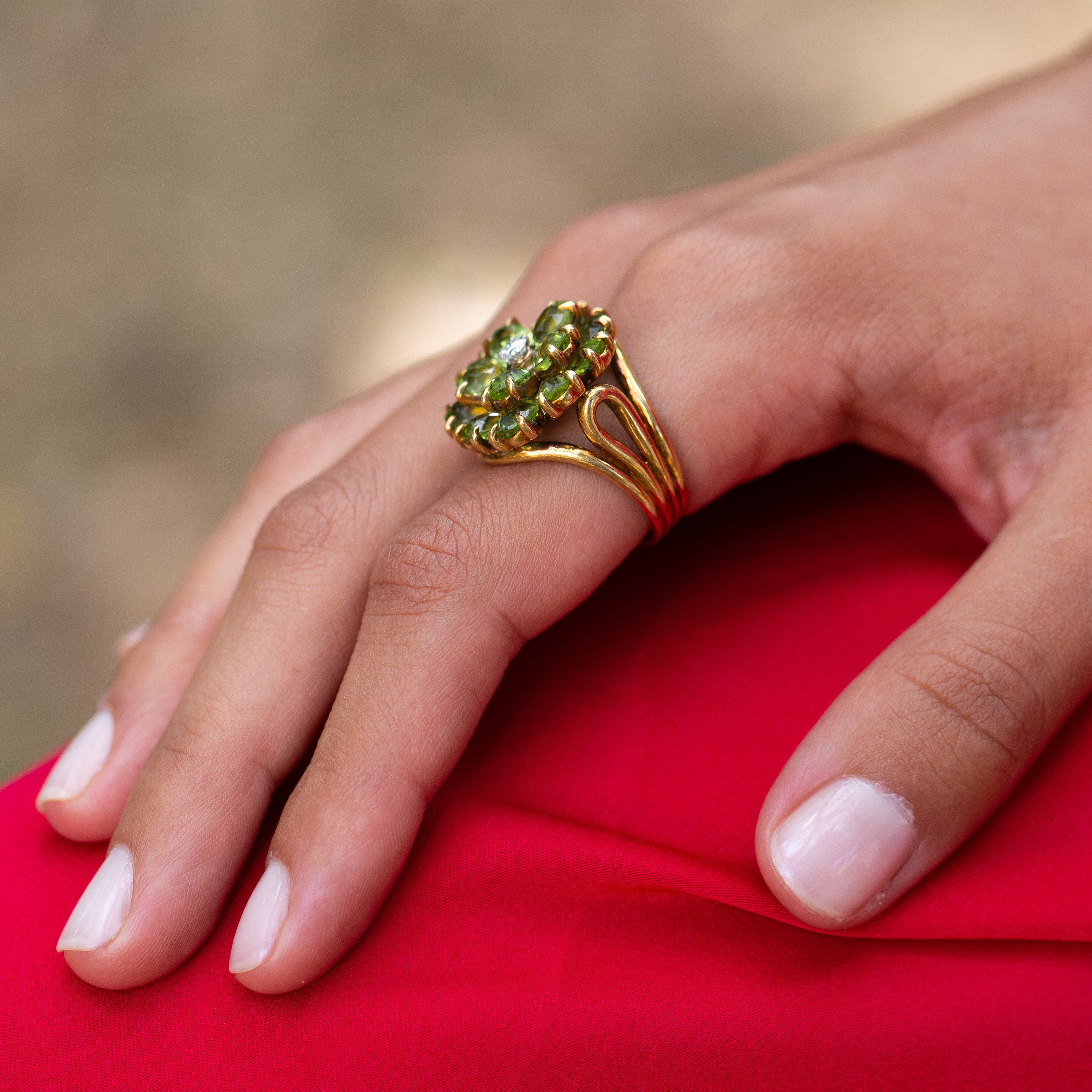 Peridot Floral Cluster, Diamond, and 18k Gold Ring