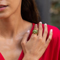 Peridot Floral Cluster, Diamond, and 18k Gold Ring