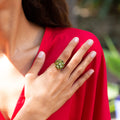 Peridot Floral Cluster, Diamond, and 18k Gold Ring