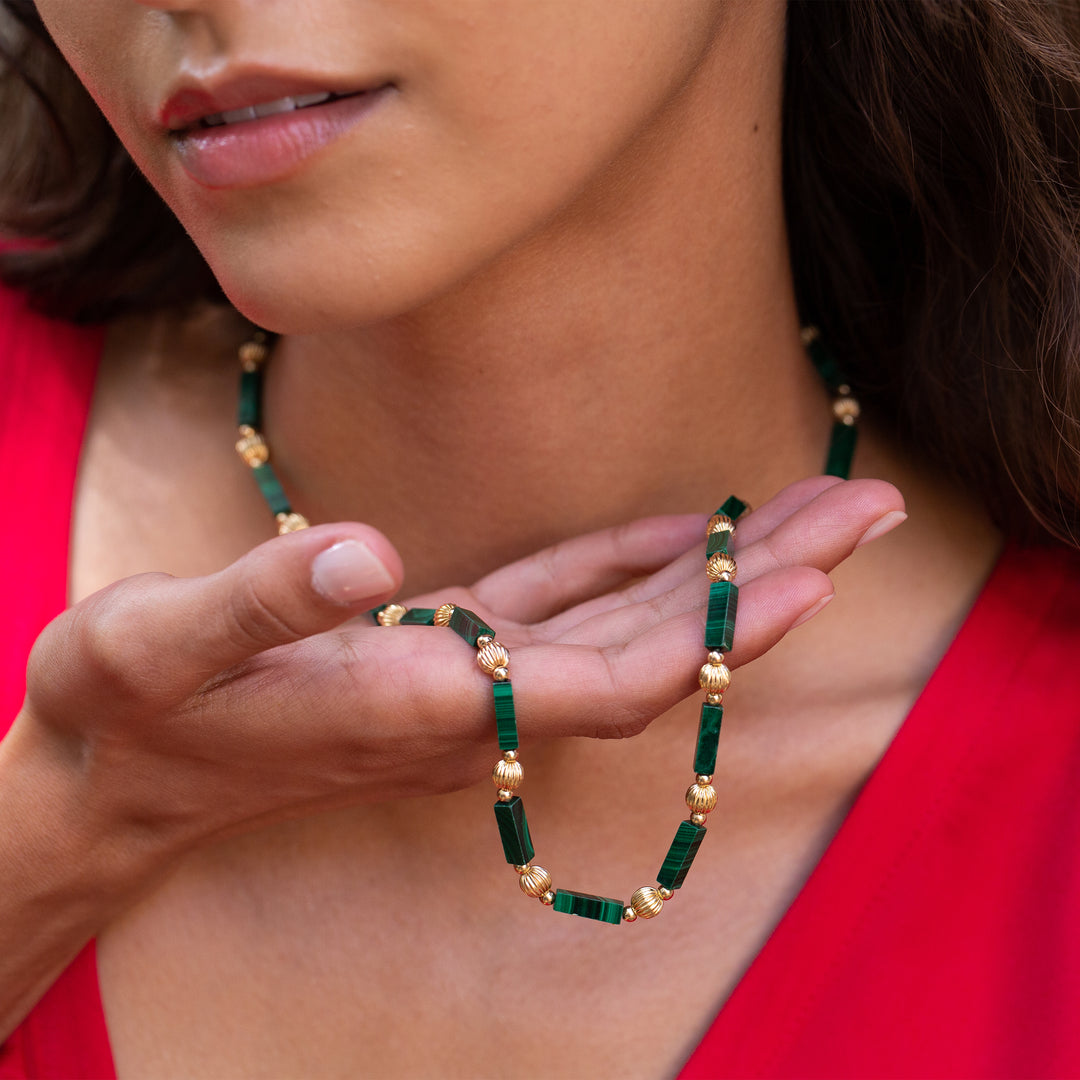 Malachite and 14k Gold 22" Beaded Necklace