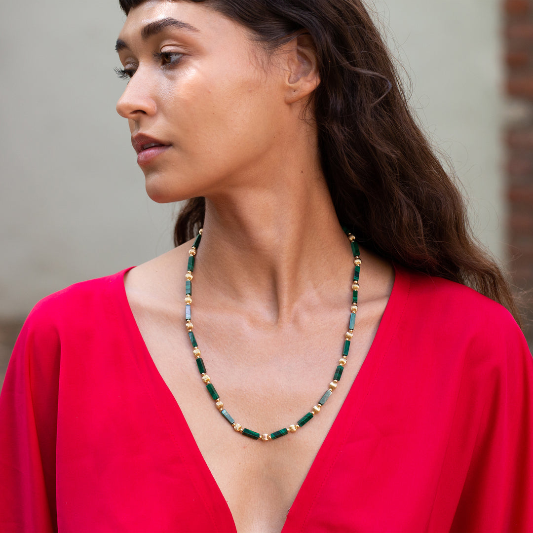 Malachite and 14k Gold 22" Beaded Necklace