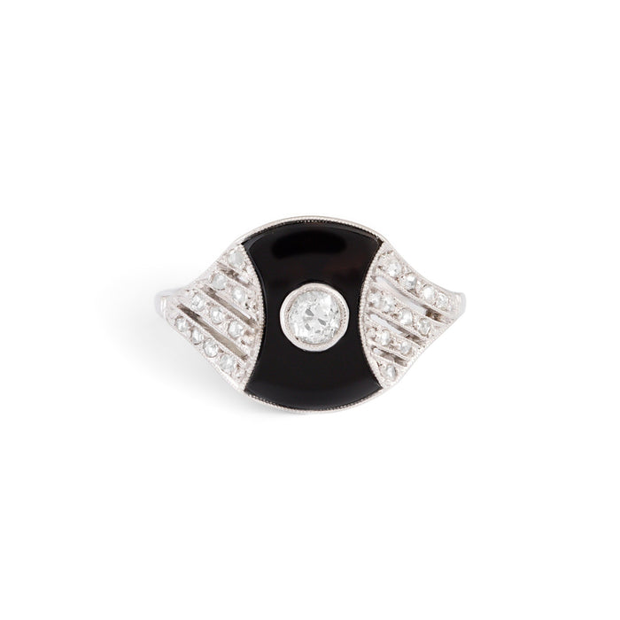 Austrian Art Deco Onyx, Diamond, and Platinum Ring
