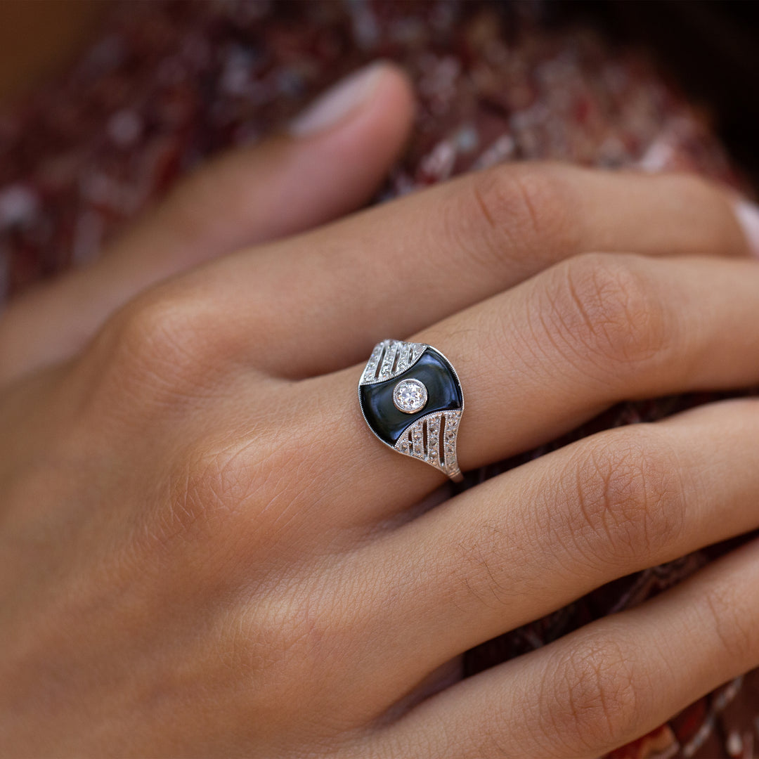 Austrian Art Deco Onyx, Diamond, and Platinum Ring