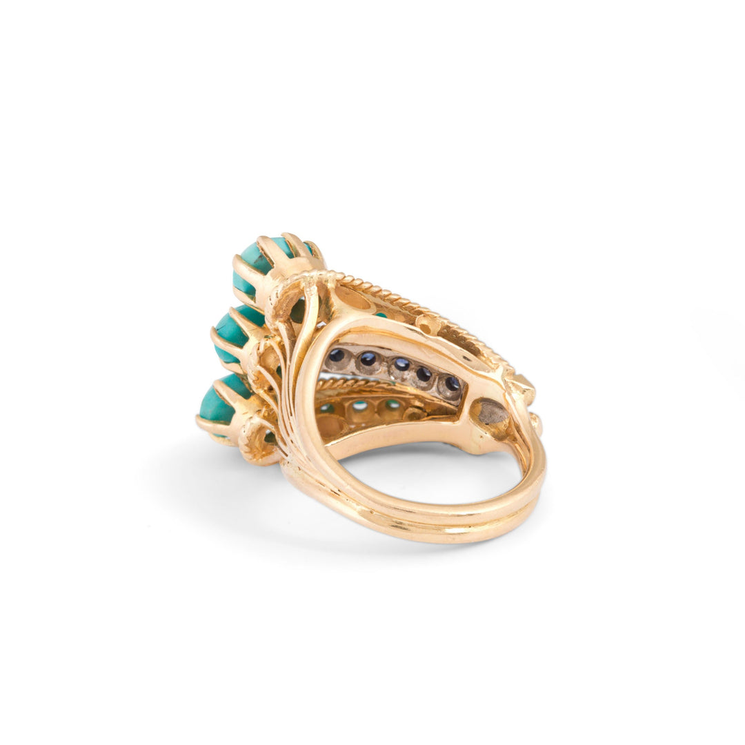 1970s Turquoise, Sapphire, and 14k Gold Cocktail Ring