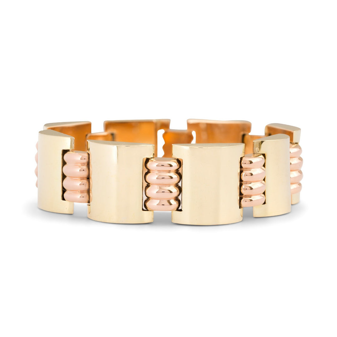 Retro Hungarian Green and Rose 14k Gold Link Bracelet