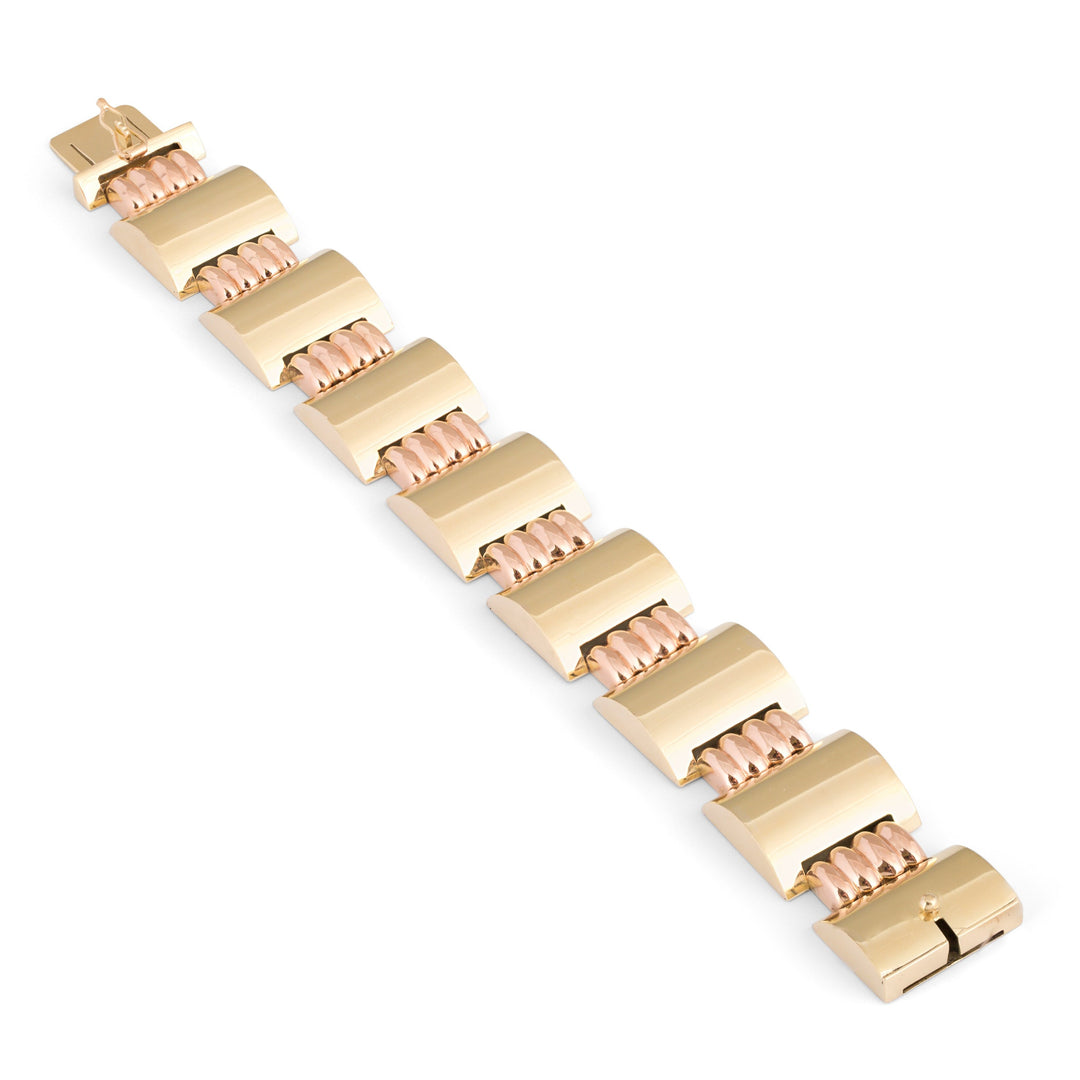 Retro Hungarian Green and Rose 14k Gold Link Bracelet