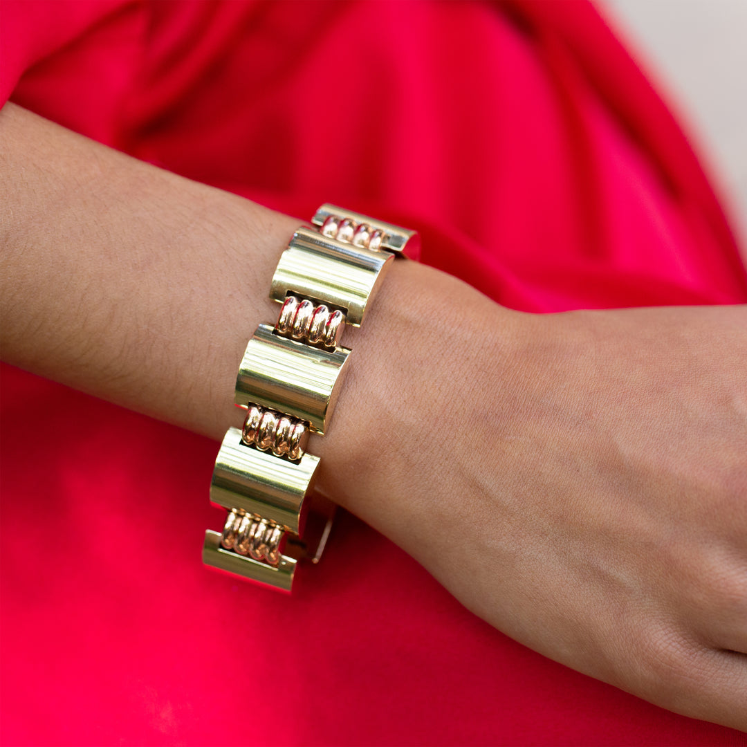 Retro Hungarian Green and Rose 14k Gold Link Bracelet