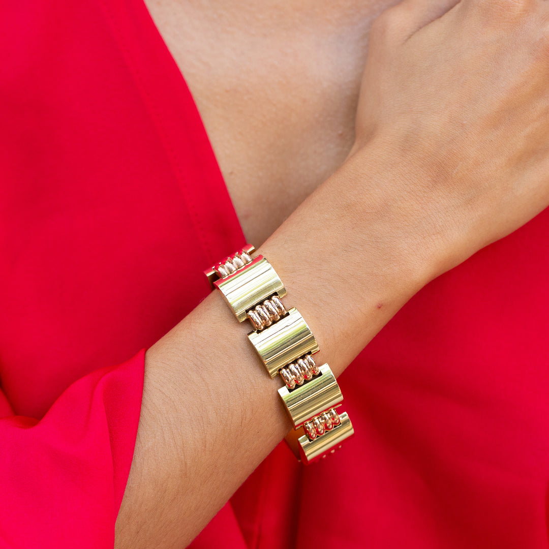 Retro Hungarian Green and Rose 14k Gold Link Bracelet