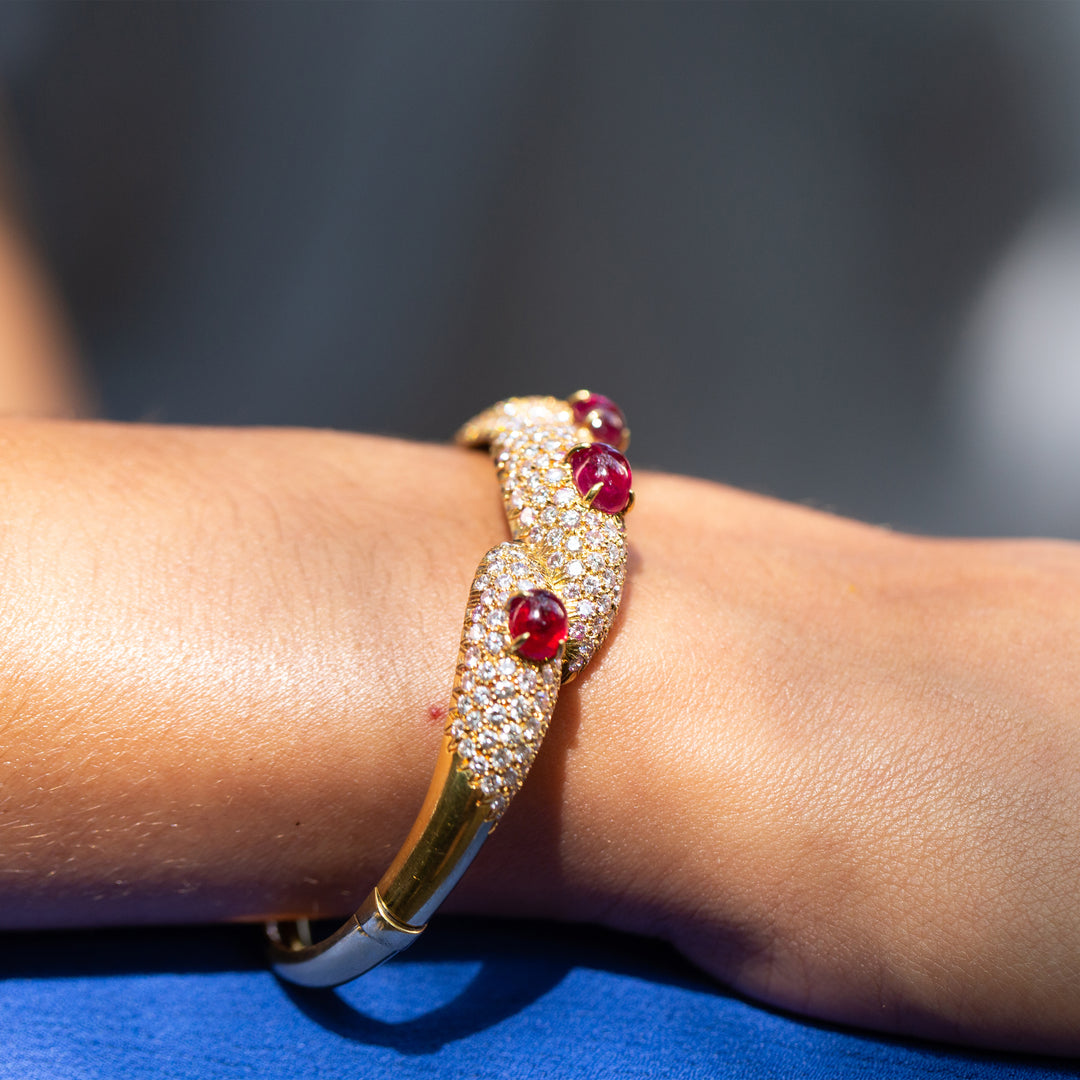 Italian Diamond, Ruby, and 18k Gold Bangle Bracelet