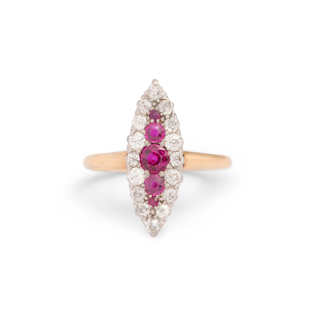 Victorian Ruby, Old Mine Cut Diamond, Platinum, and 12k Gold Navette Ring