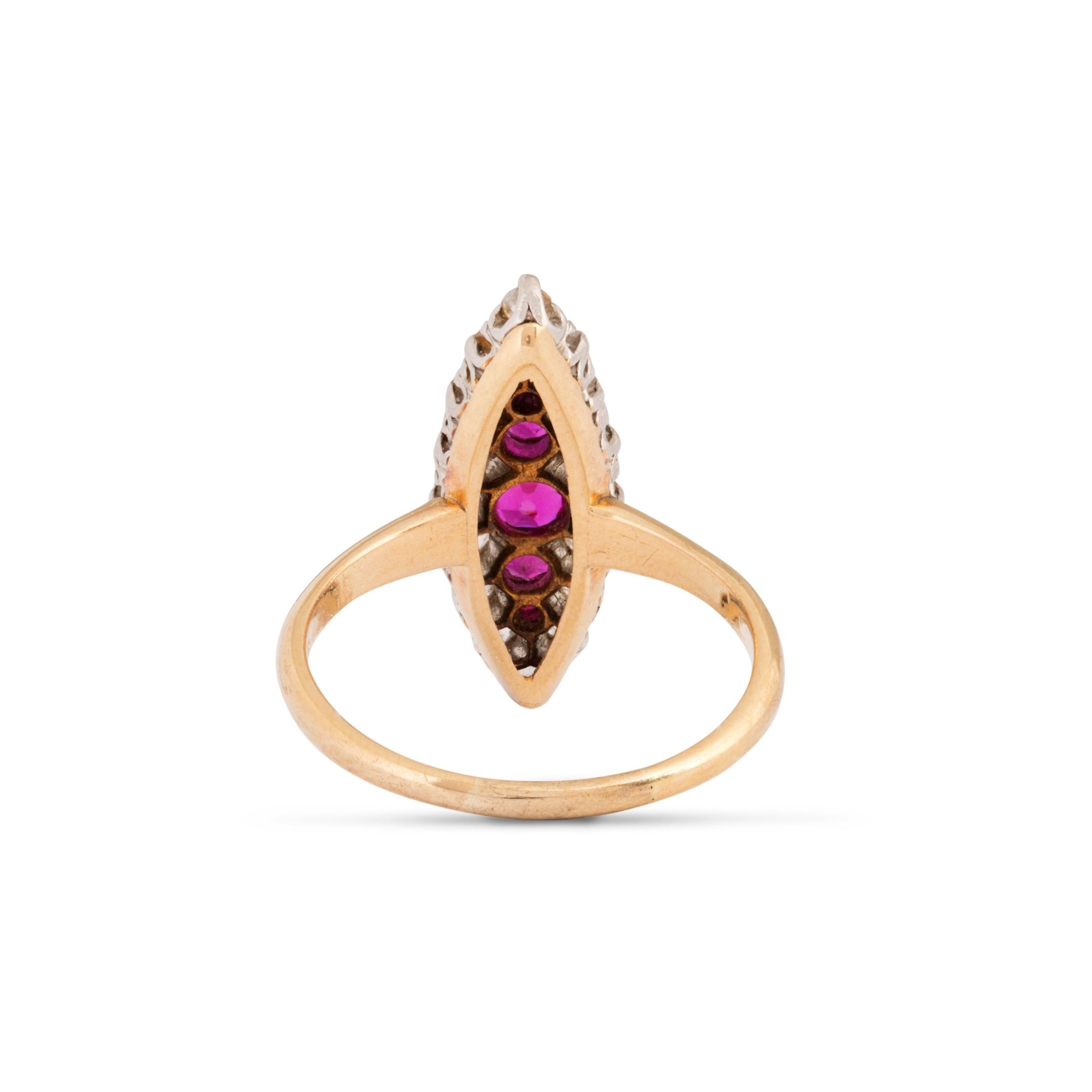 Victorian Ruby, Old Mine Cut Diamond, Platinum, and 12k Gold Navette Ring