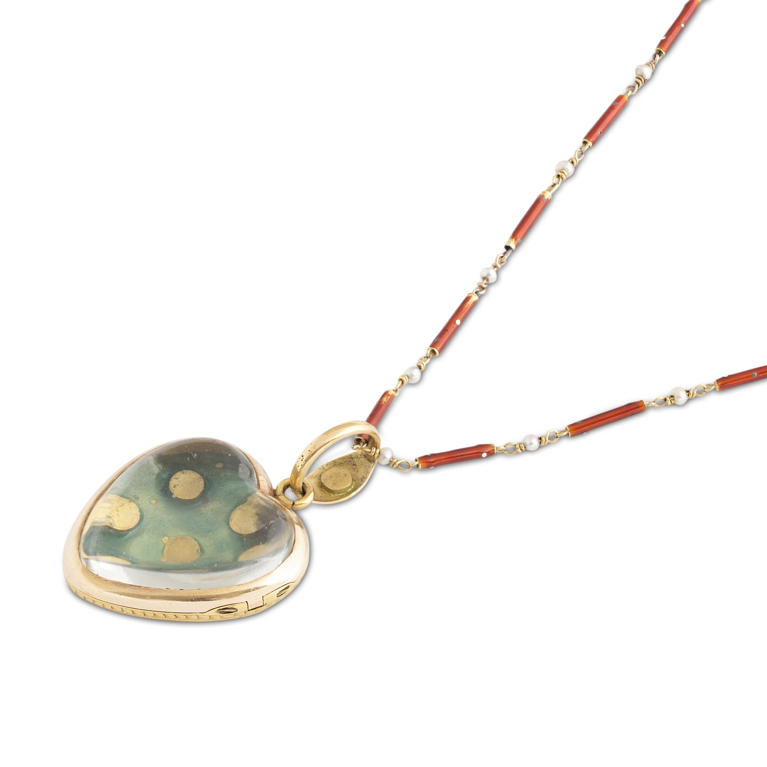 Victorian Guillouche Enamel, Pearl, and 14k Gold Heart Locket and Chain