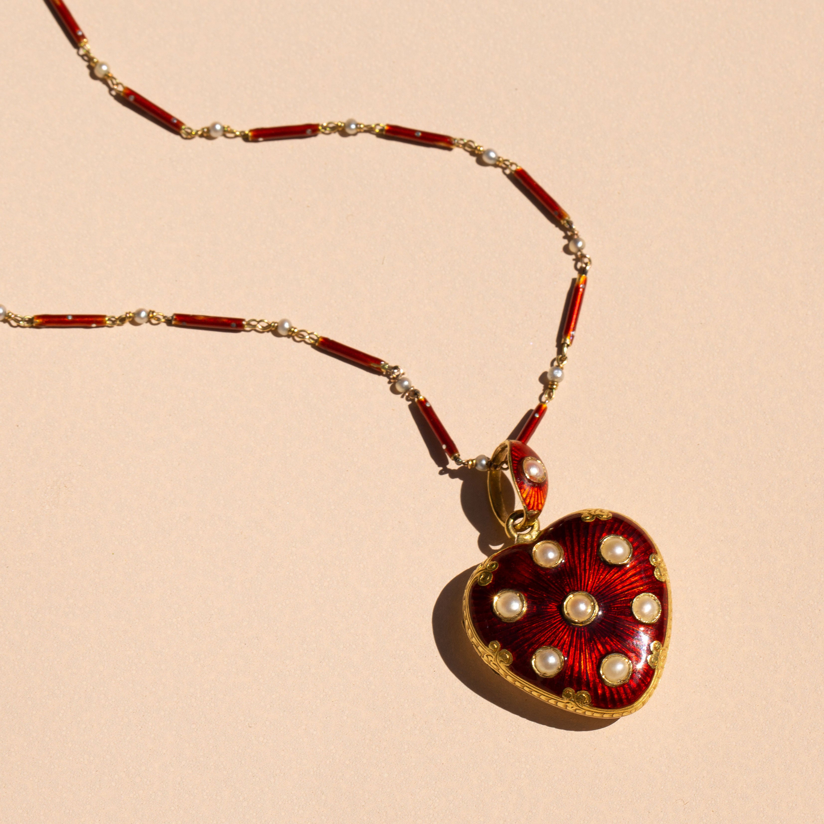 Victorian Guillouche Enamel, Pearl, and 14k Gold Heart Locket and Chain