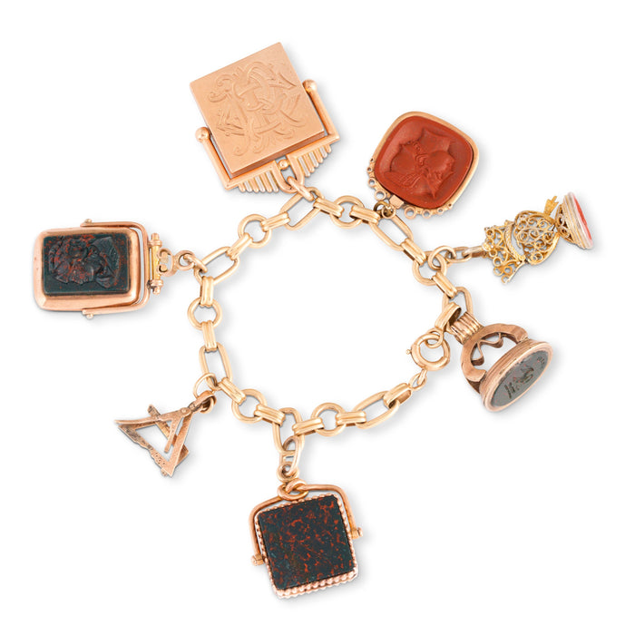 Victorian Bloodstone, Onyx, Carnelian, Sard, and Gold Fob Charm Bracelet