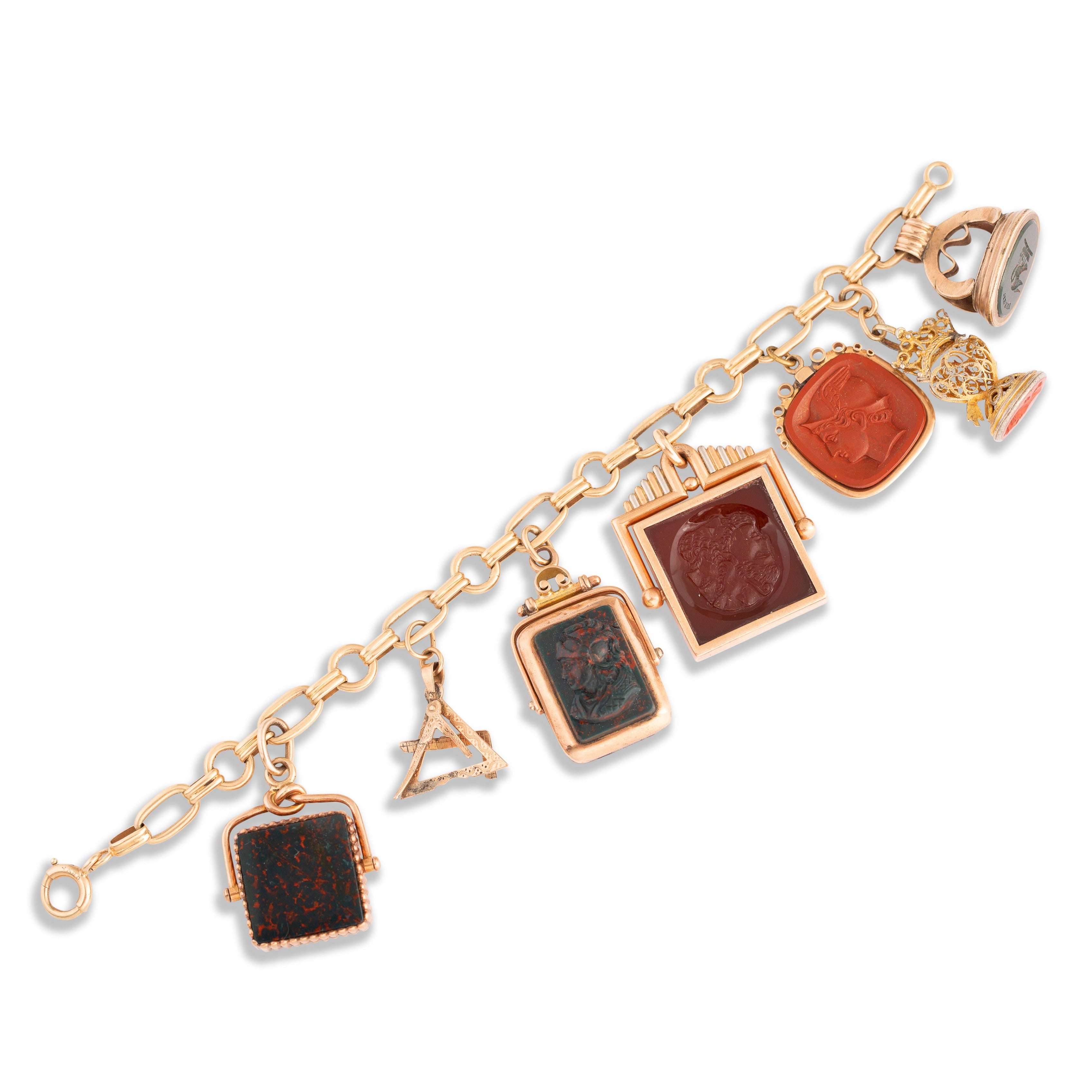 Victorian Bloodstone, Onyx, Carnelian, Sard, and Gold Fob Charm Bracelet