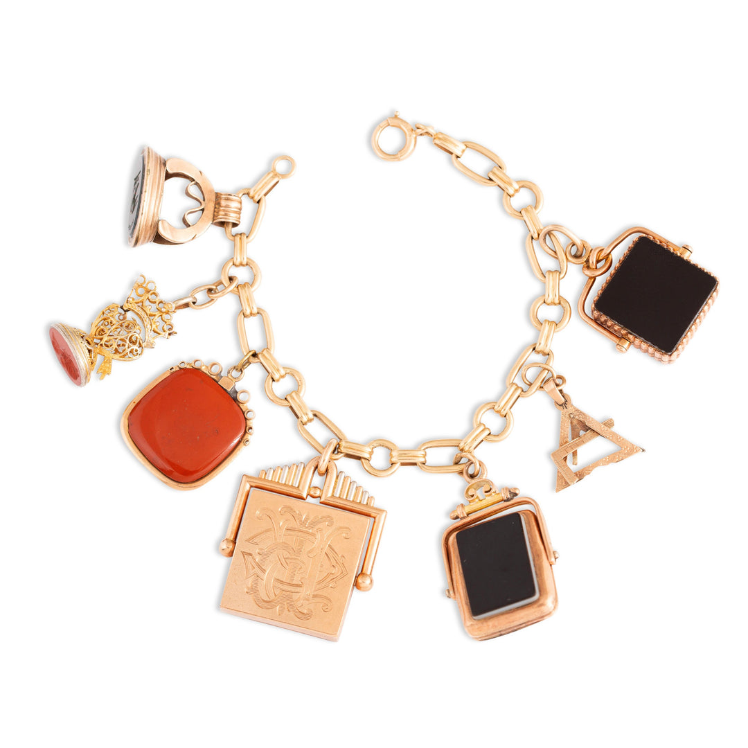 Victorian Bloodstone, Onyx, Carnelian, Sard, and Gold Fob Charm Bracelet