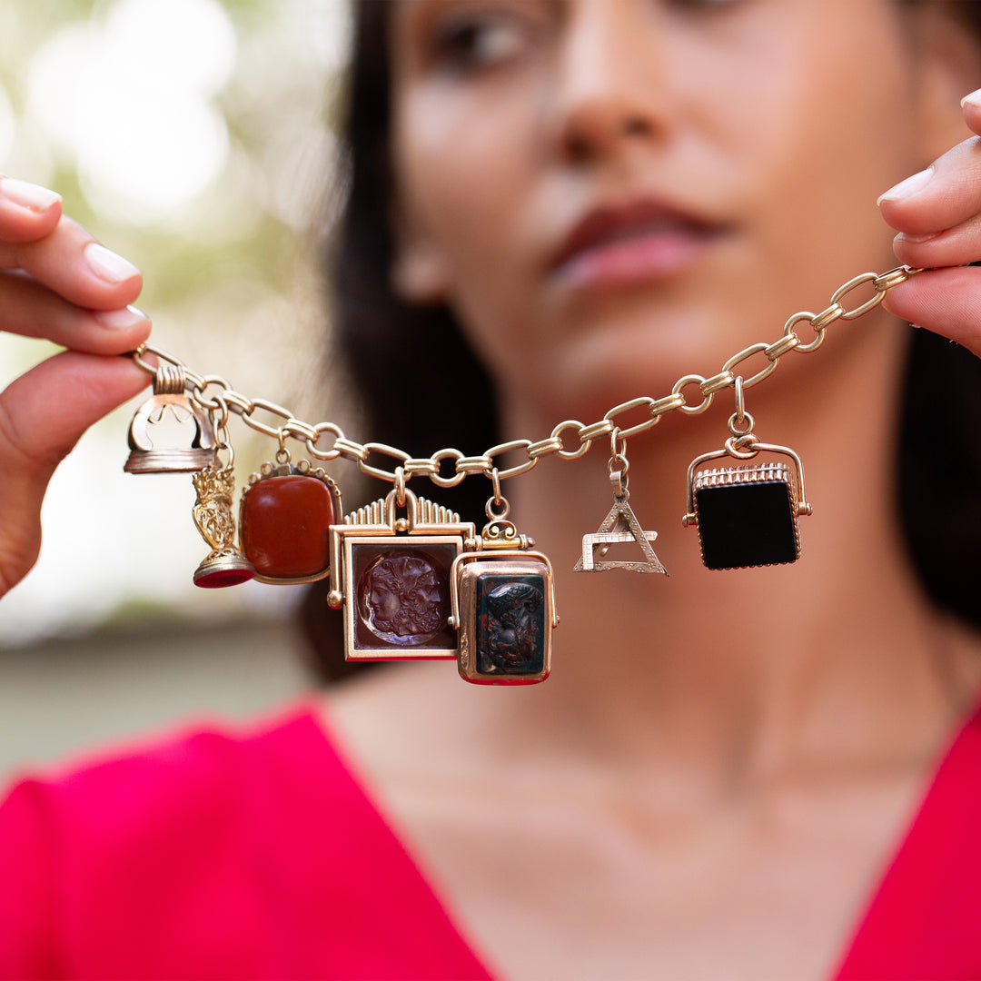 Victorian Bloodstone, Onyx, Carnelian, Sard, and Gold Fob Charm Bracelet
