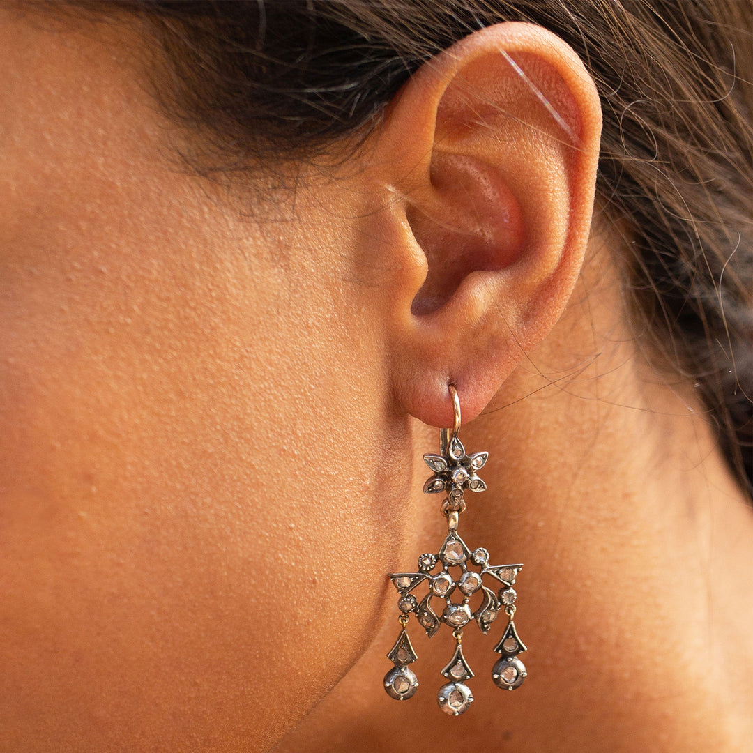 French Diamond and Silver topped 9k Gold Chandelier Earrings
