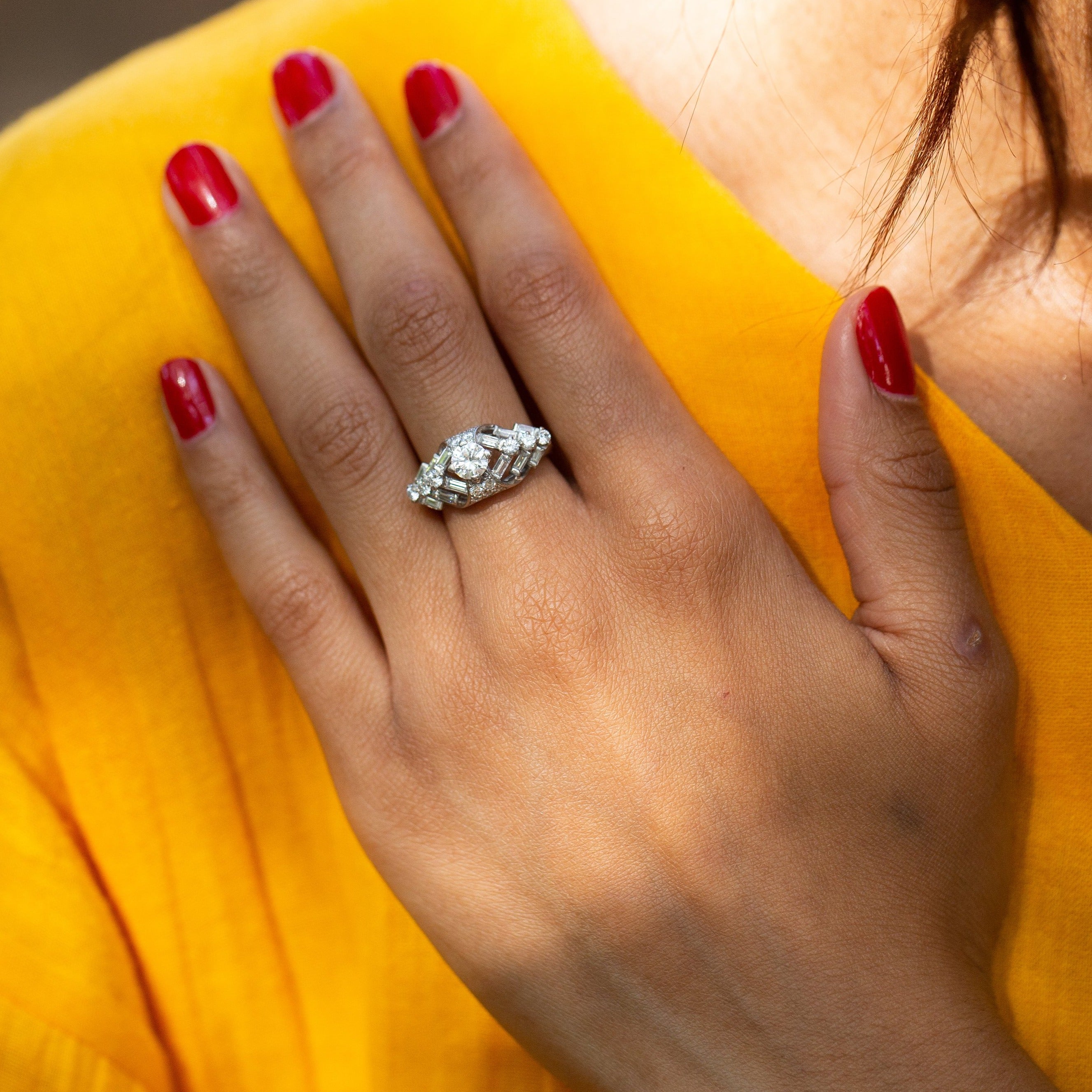 1950s Round and Baguette Diamond Platinum Ring