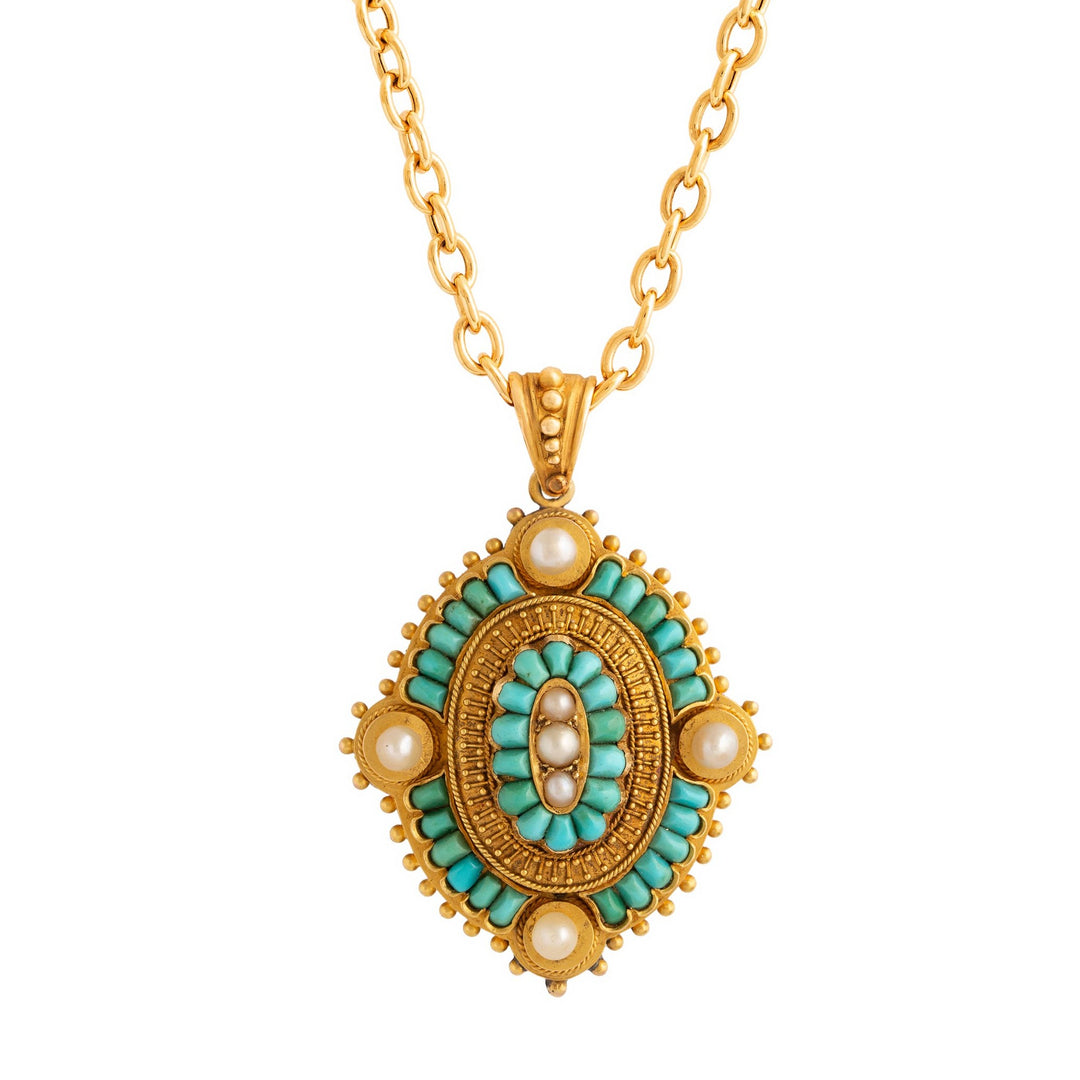 Victorian Turquoise and Pearl Open-Back 18k Gold Locket