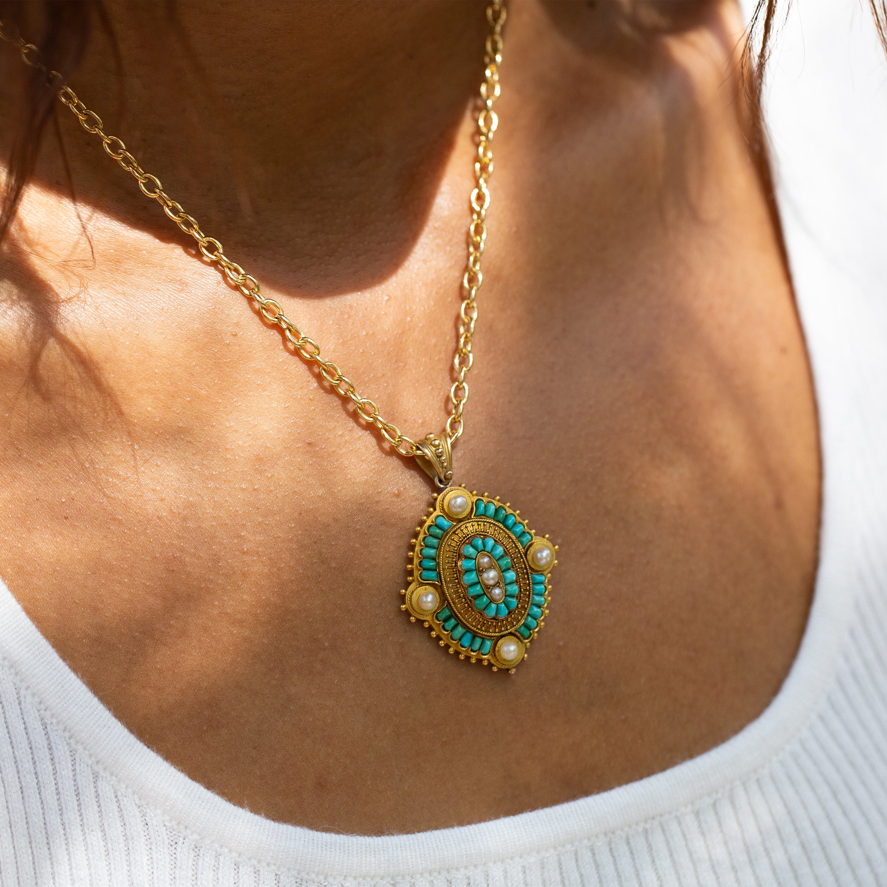 Victorian Turquoise and Pearl Open-Back 18k Gold Locket