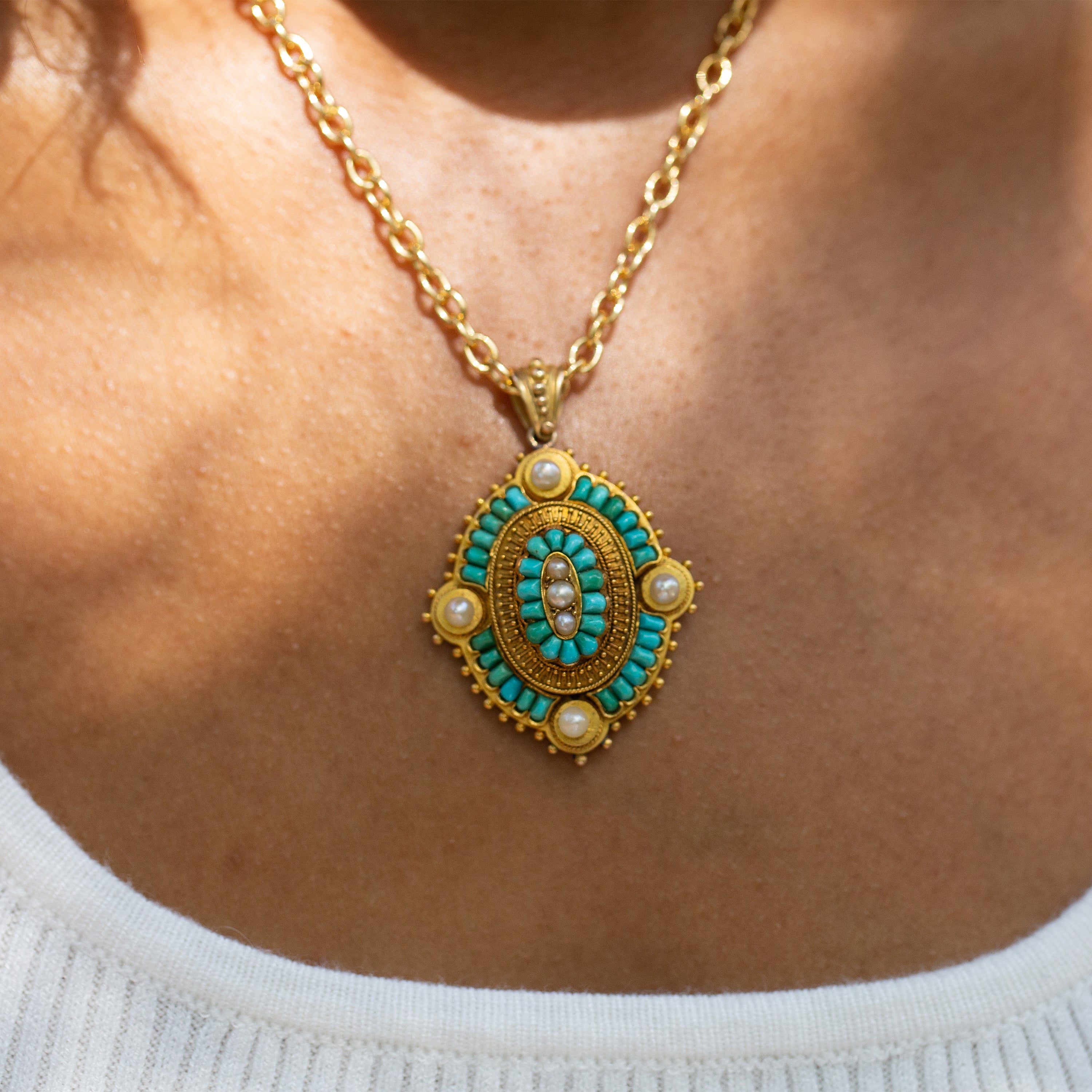 Victorian Turquoise and Pearl Open-Back 18k Gold Locket