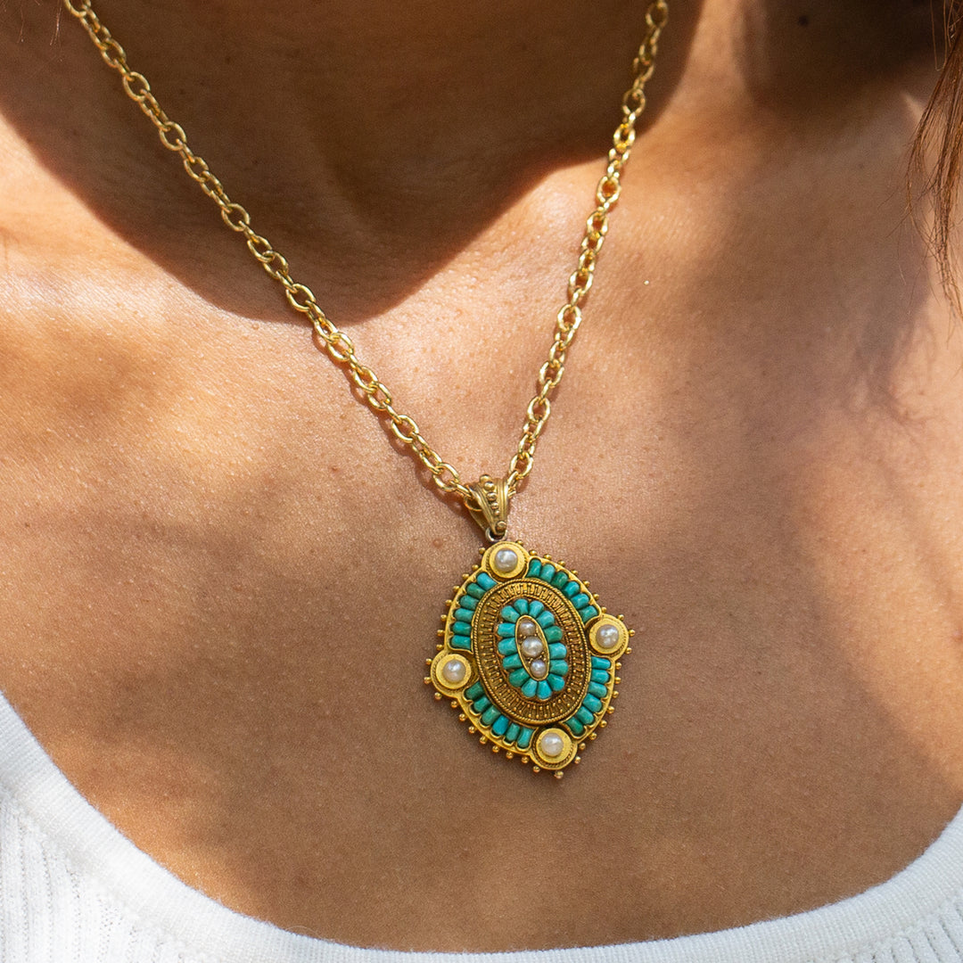 Victorian Turquoise and Pearl Open-Back 18k Gold Locket