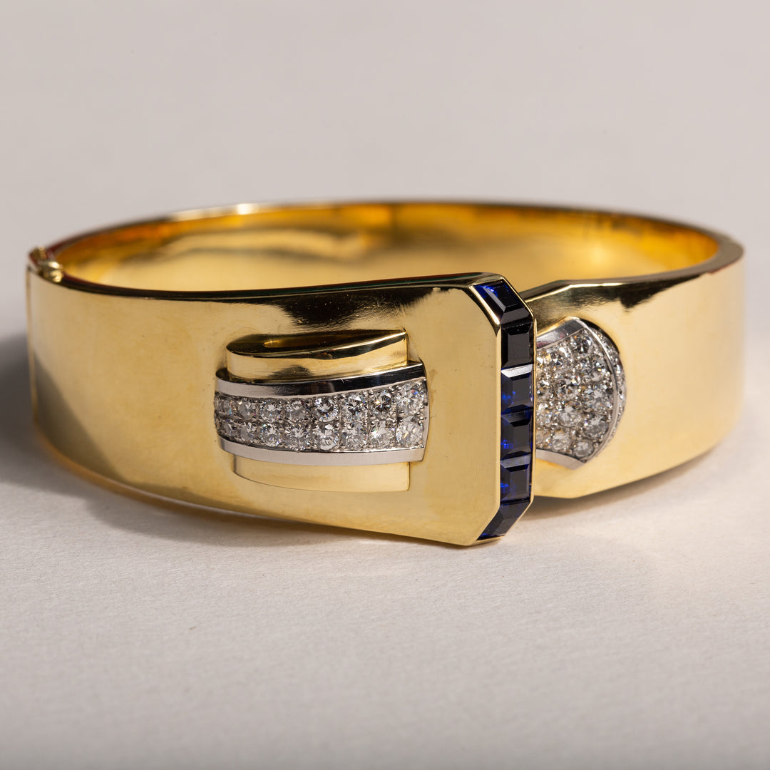 Retro Diamond, Sapphire, and 18k Gold Bangle Bracelet