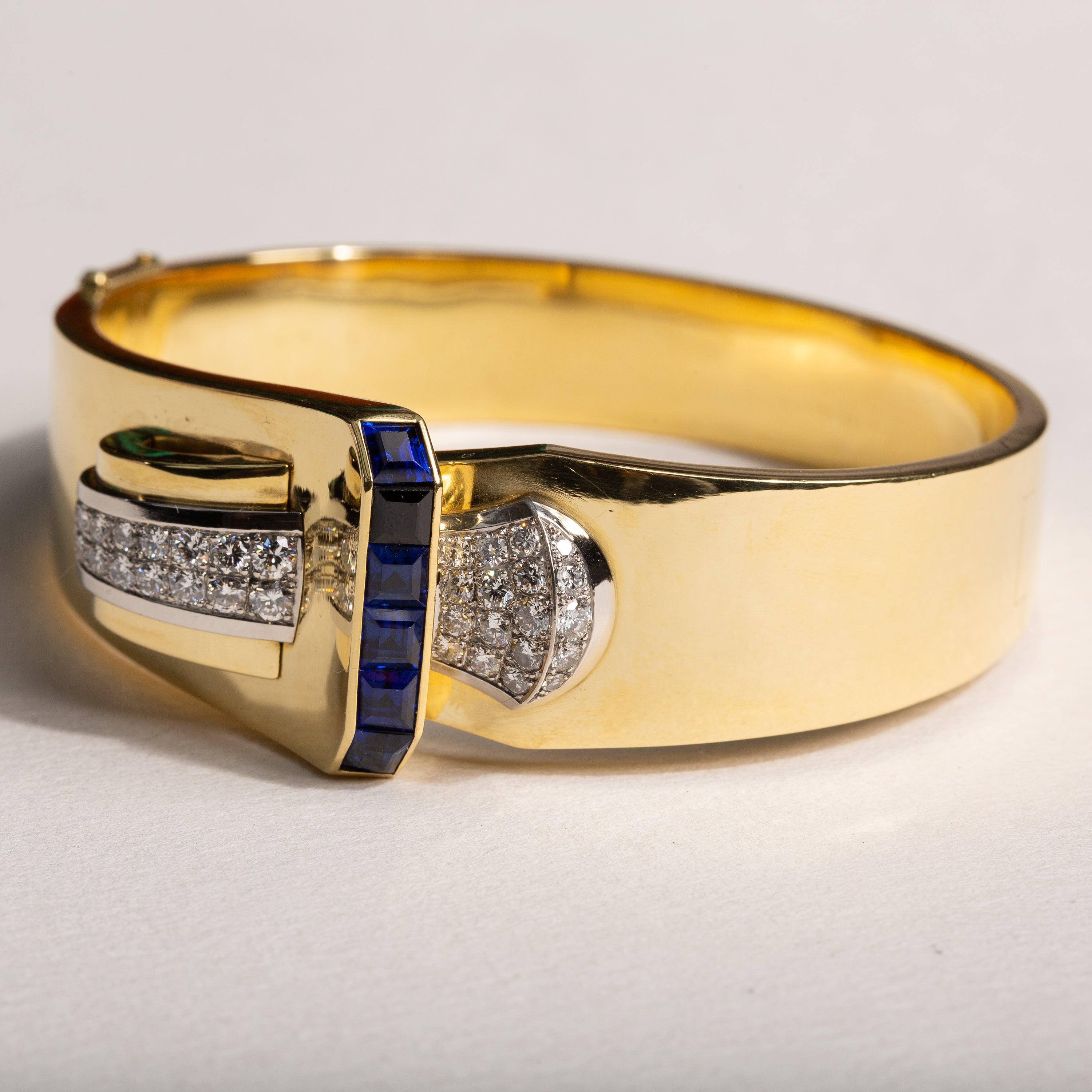 Retro Diamond, Sapphire, and 18k Gold Bangle Bracelet
