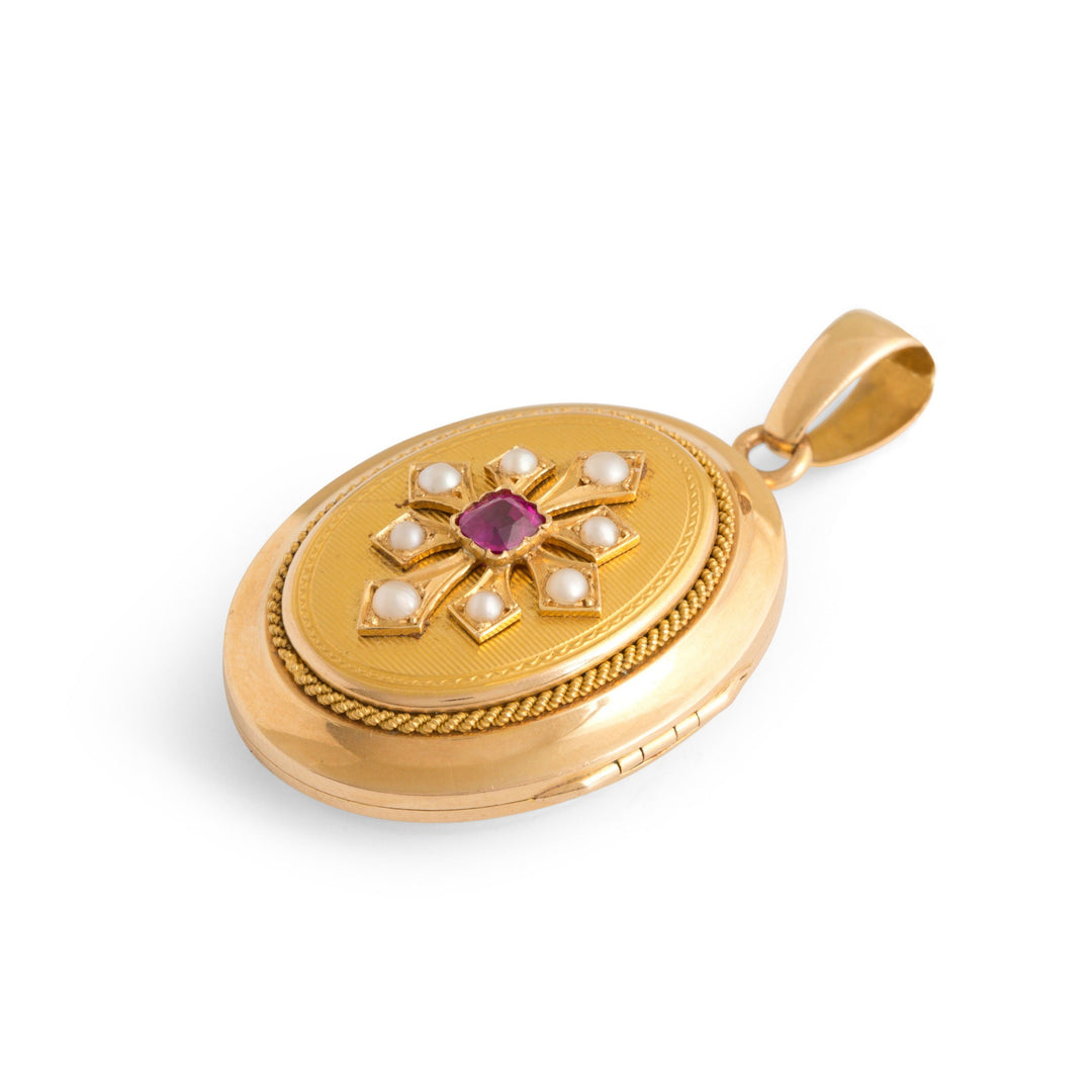 French Victorian Ruby and Pearl 18k Gold Locket