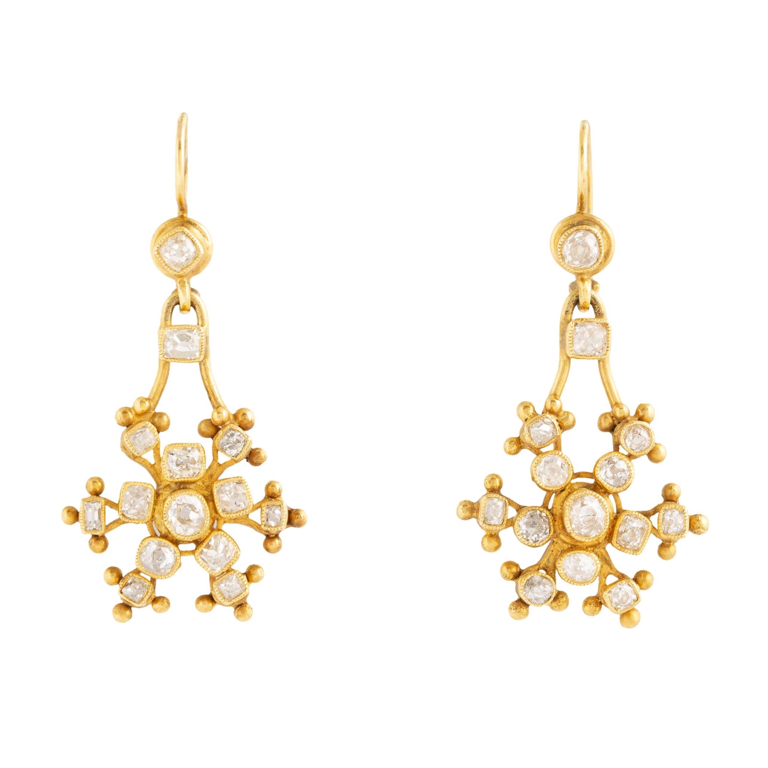 Old Mine Cut Diamond and 14k Gold Snowflake Dangle Earrings