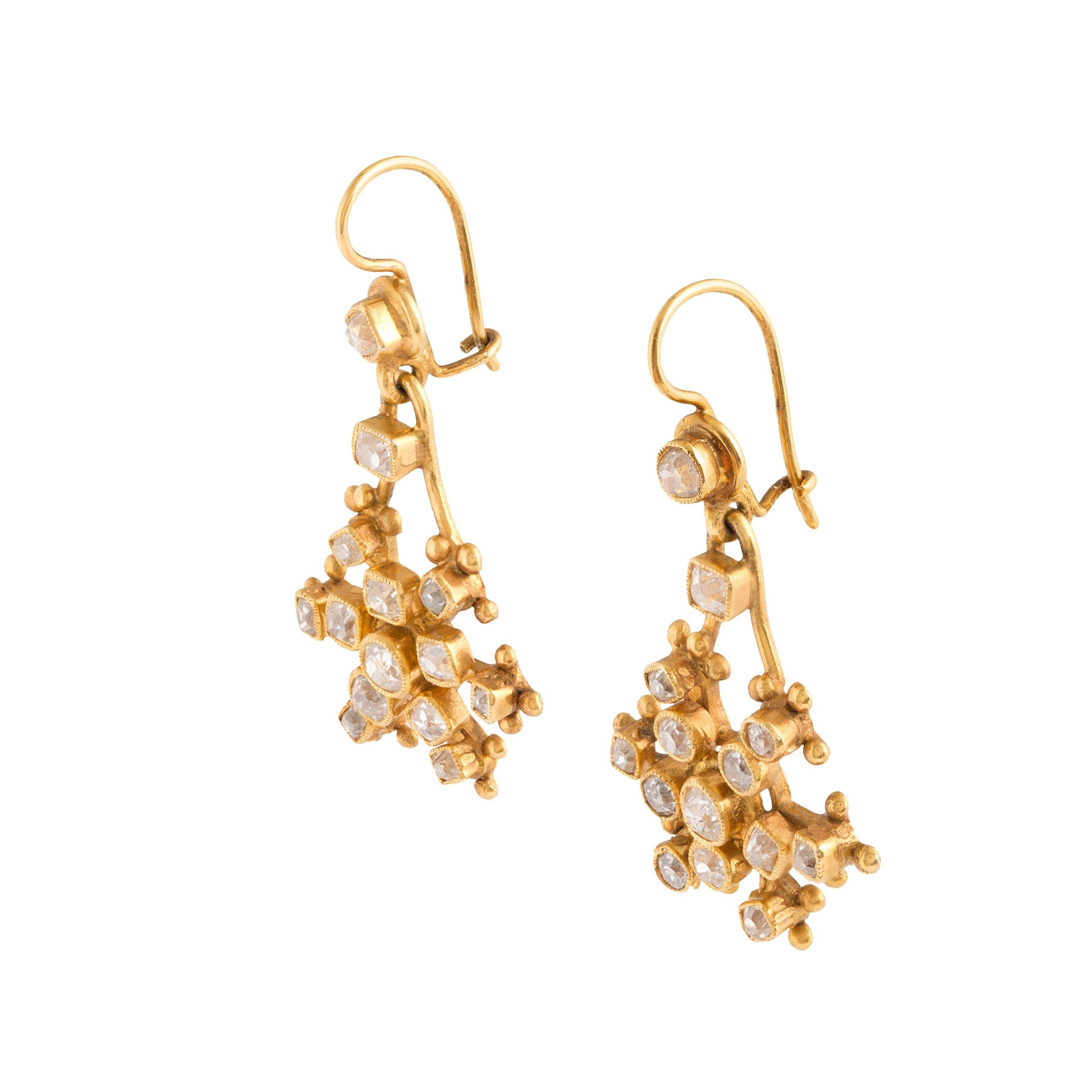 Old Mine Cut Diamond and 14k Gold Snowflake Dangle Earrings