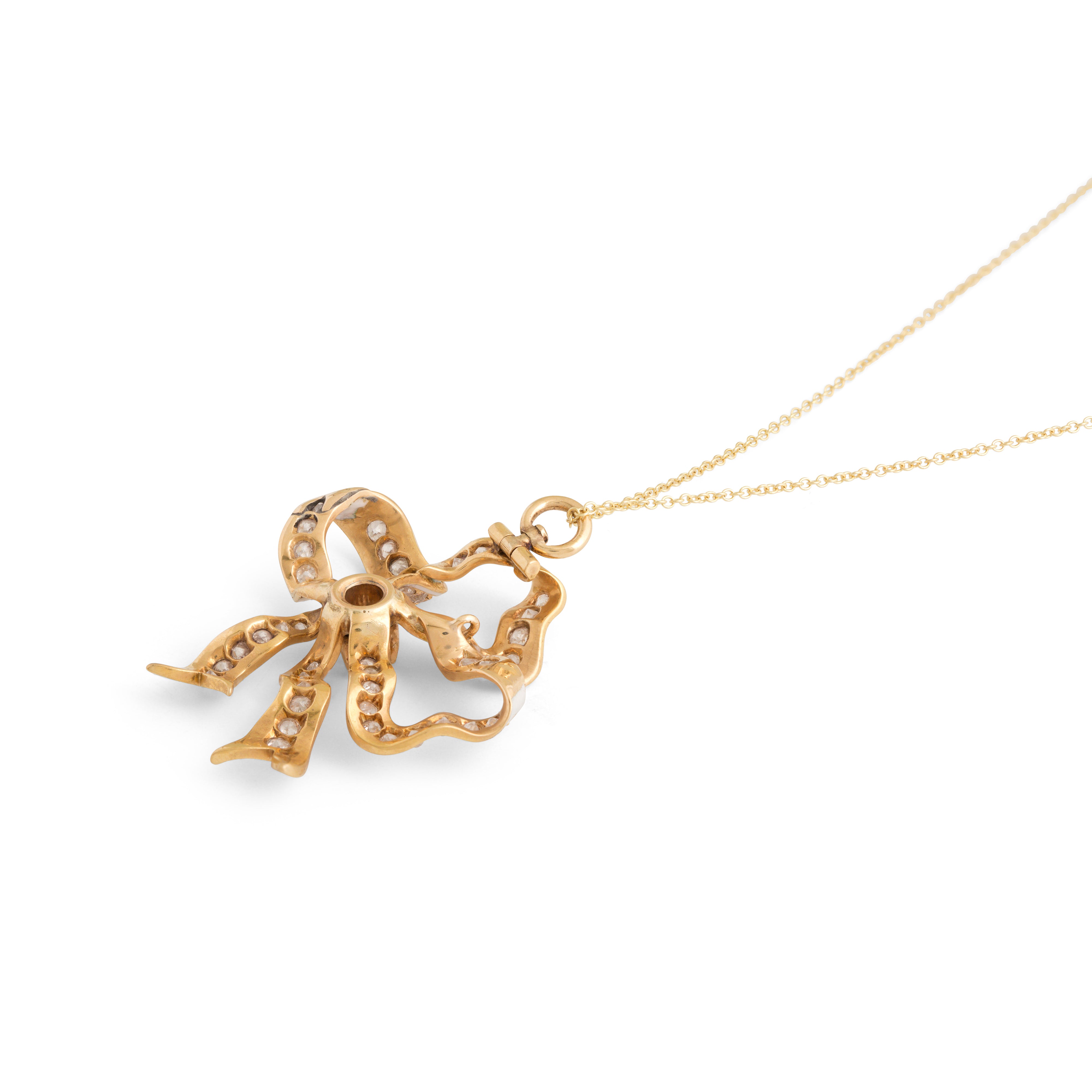Victorian Diamond and Enamel 18k Gold Bow Pendant