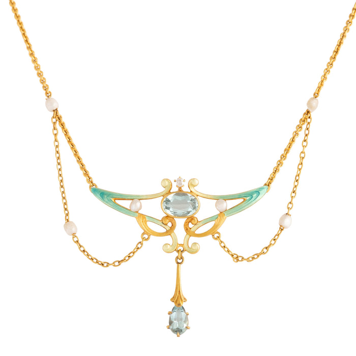 Art Nouveau Aquamarine, Pearl, Diamond, and Enamel 14k Gold Necklace