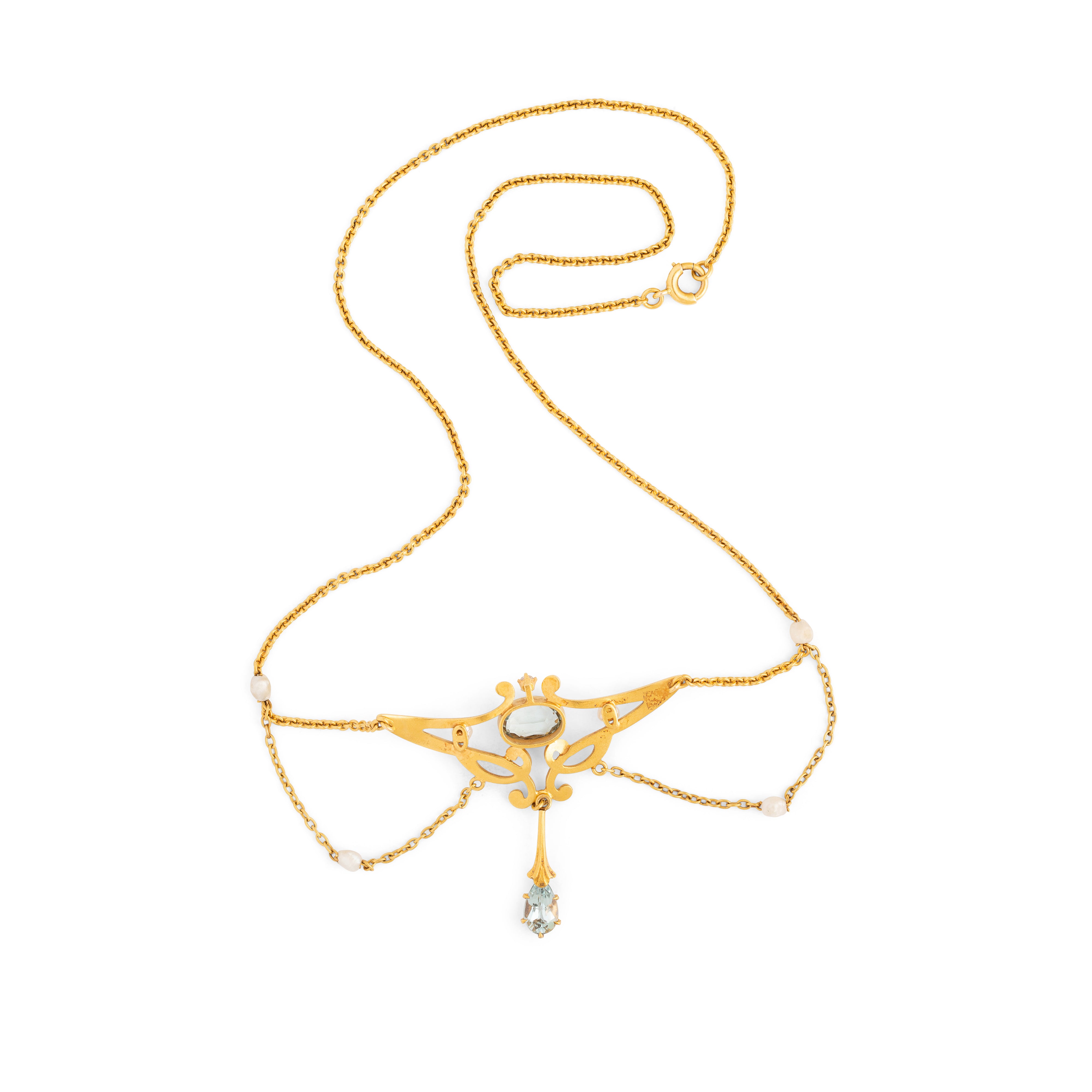 Art Nouveau Aquamarine, Pearl, Diamond, and Enamel 14k Gold Necklace