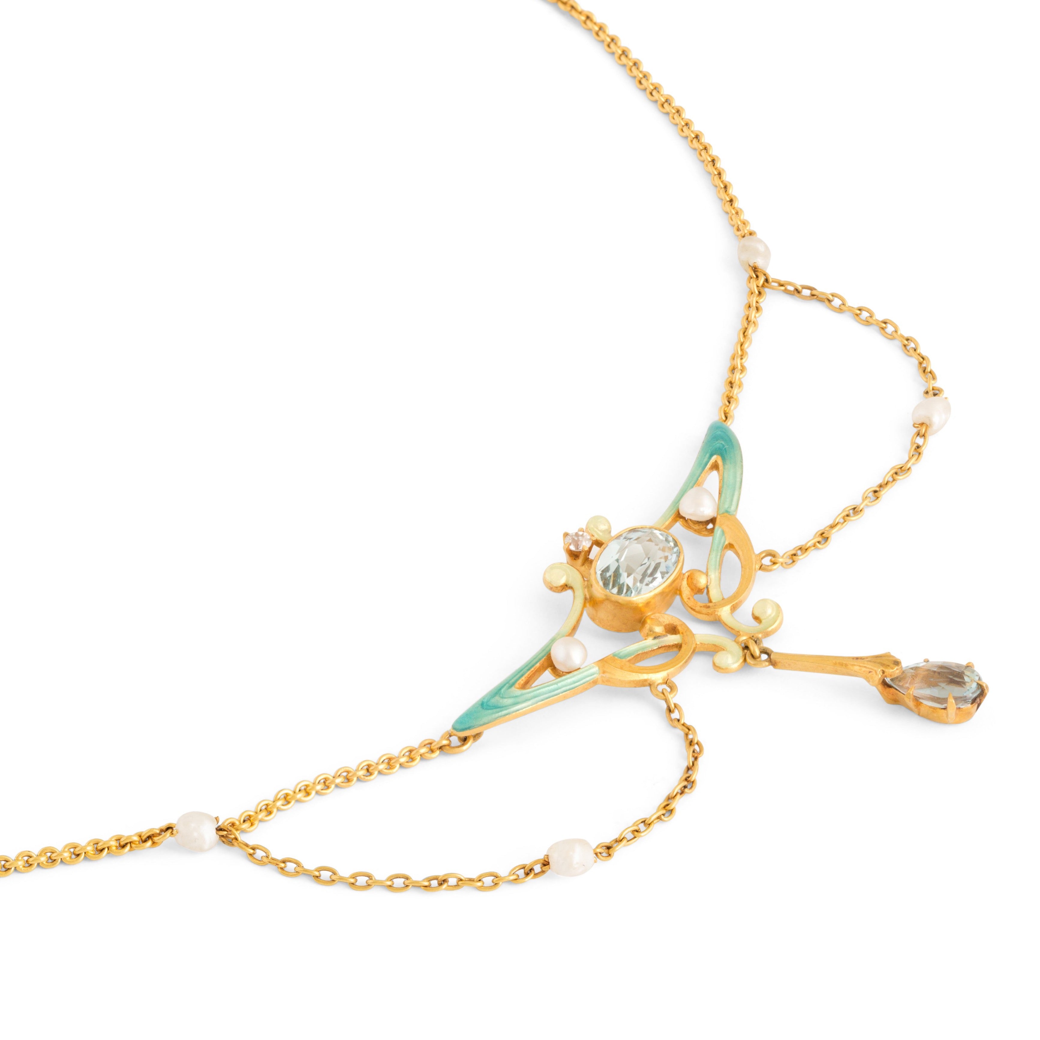 Art Nouveau Aquamarine, Pearl, Diamond, and Enamel 14k Gold Necklace