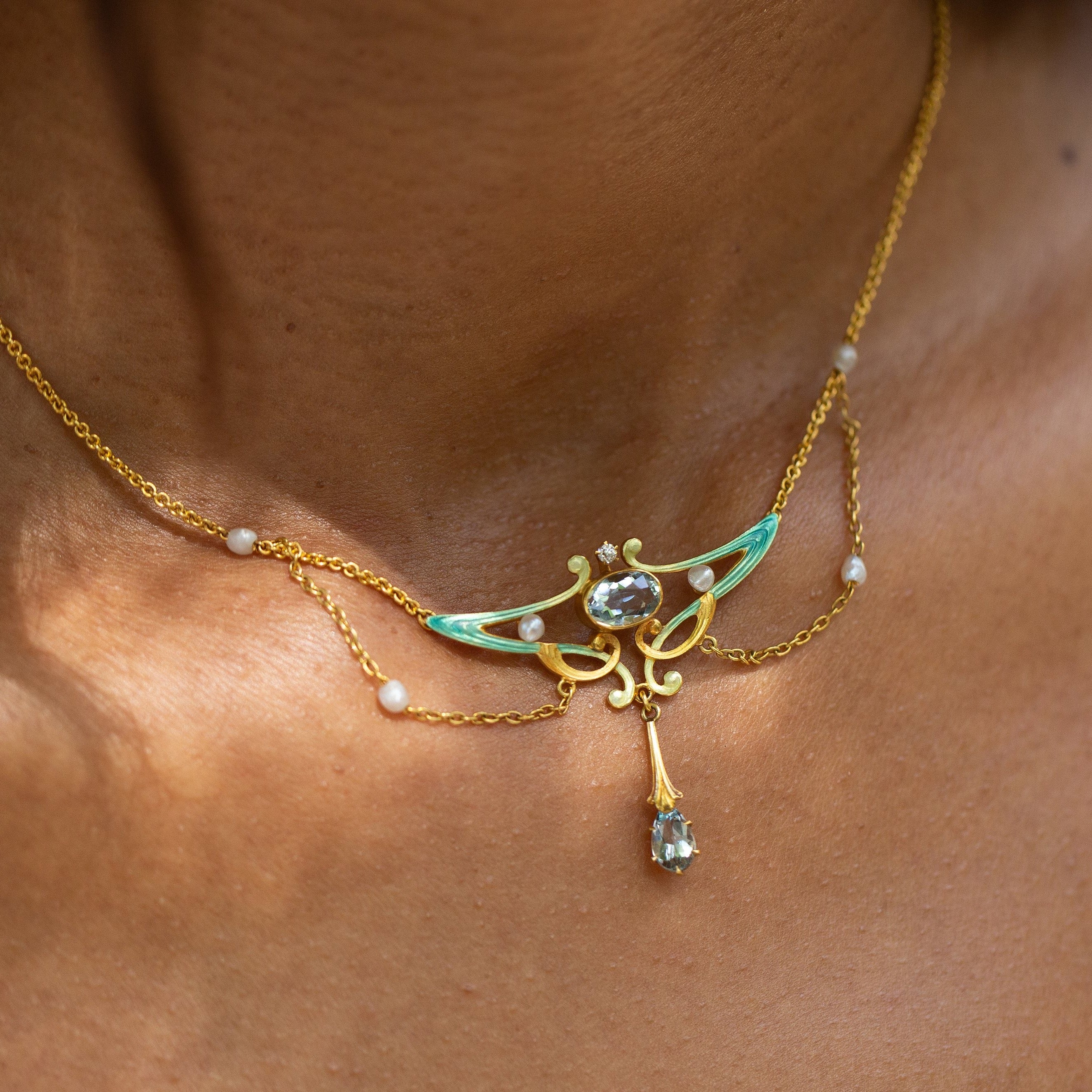 Art Nouveau Aquamarine, Pearl, Diamond, and Enamel 14k Gold Necklace