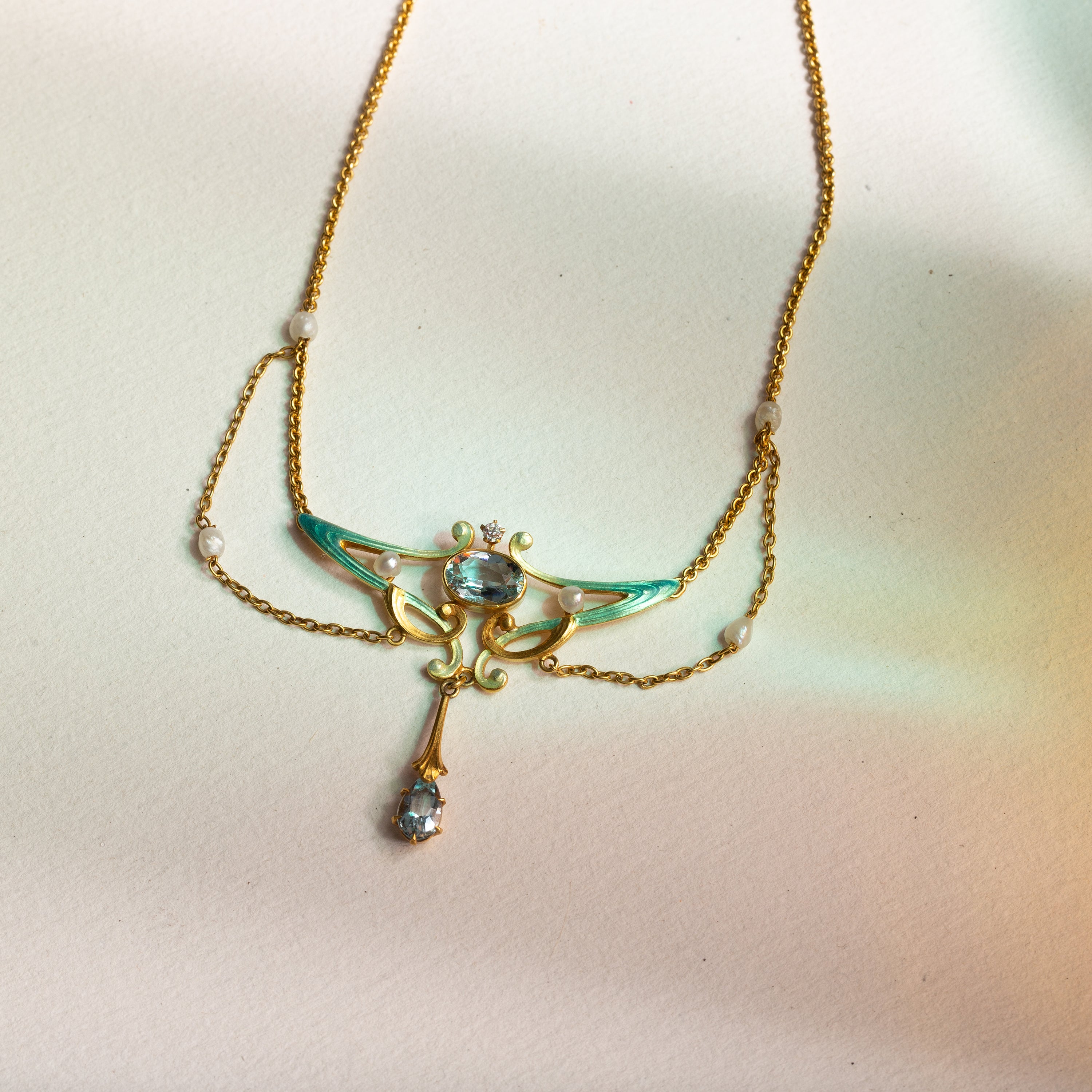 Art Nouveau Aquamarine, Pearl, Diamond, and Enamel 14k Gold Necklace